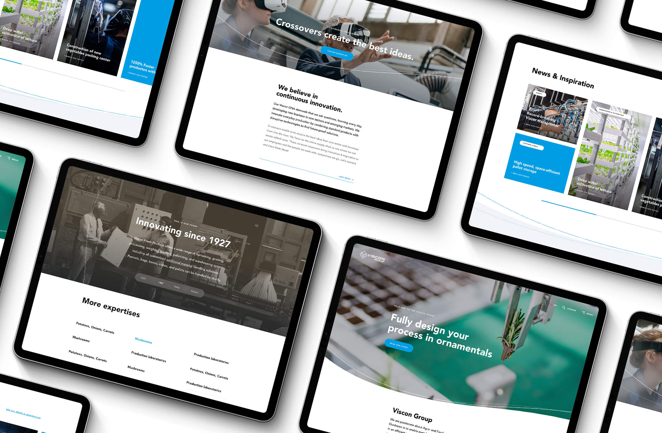 Tabletten van Viscon Group tonen webpagina's met een mix van tekst en afbeeldingen in een dynamische lay-out.