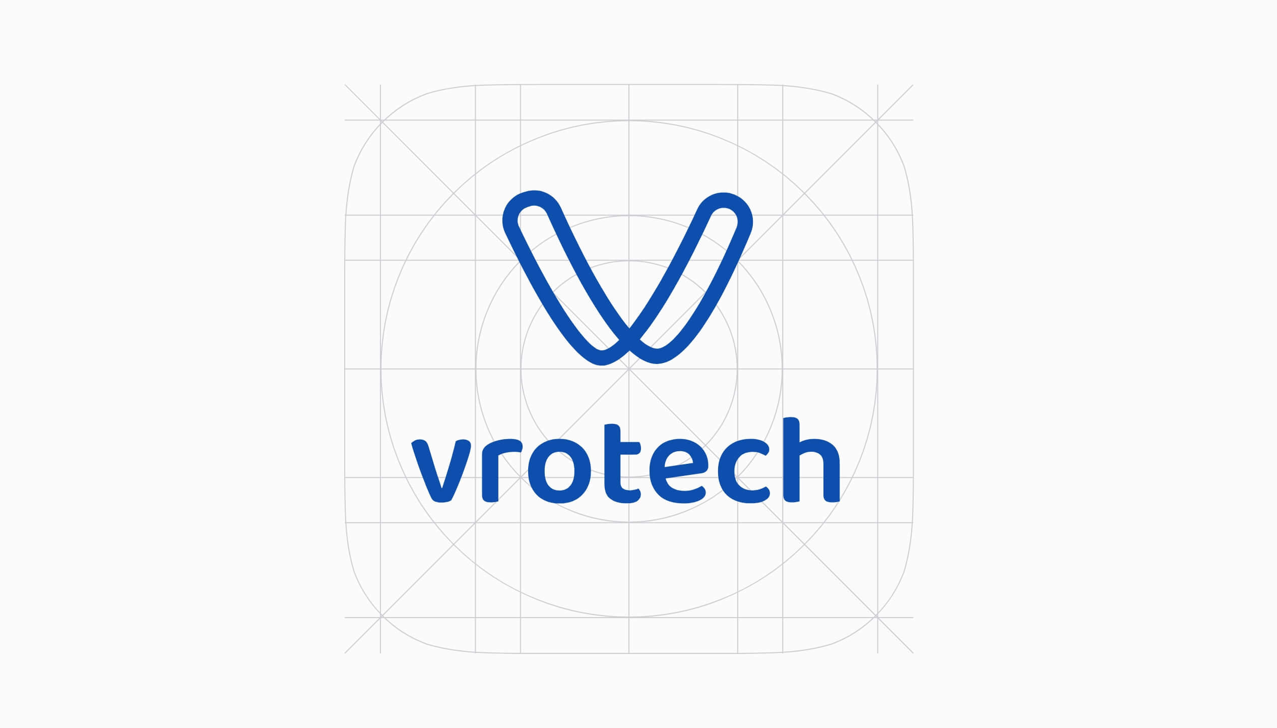 Een strak blauw V-logo met "Vrotech" op een witte achtergrond met rasterlijnen.