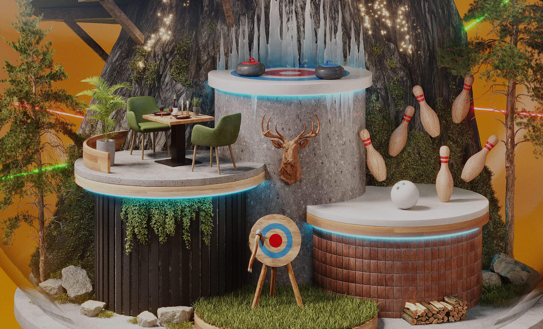 Een surrealistische mix: curlingstenen, bowlingkegels, een eethoek, een boogschietschijf bij een waterval en bomen.