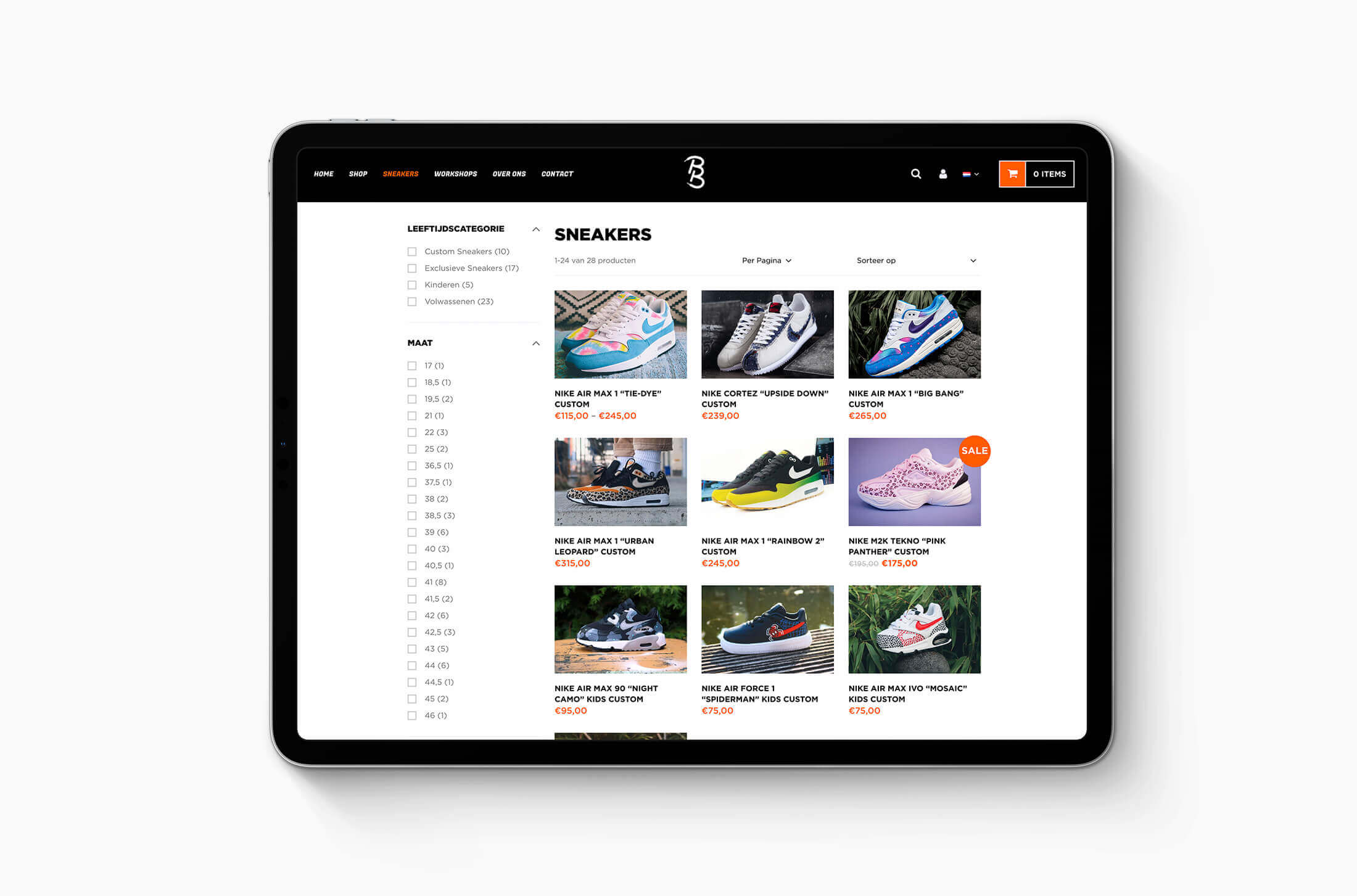 Een tablet toont een online sneakerwinkel met opvallende afbeeldingen, prijzen en exclusieve Customs by BB-ontwerpen.