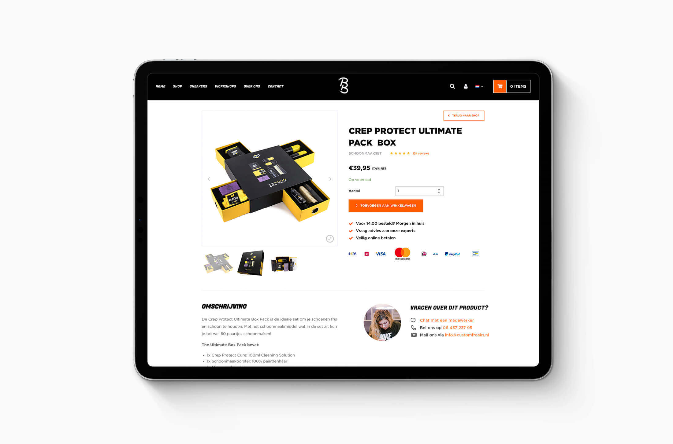 Bekijk de Crep Protect Ultimate Pack Box met opties in de online winkel van Customs by BB op uw tablet.