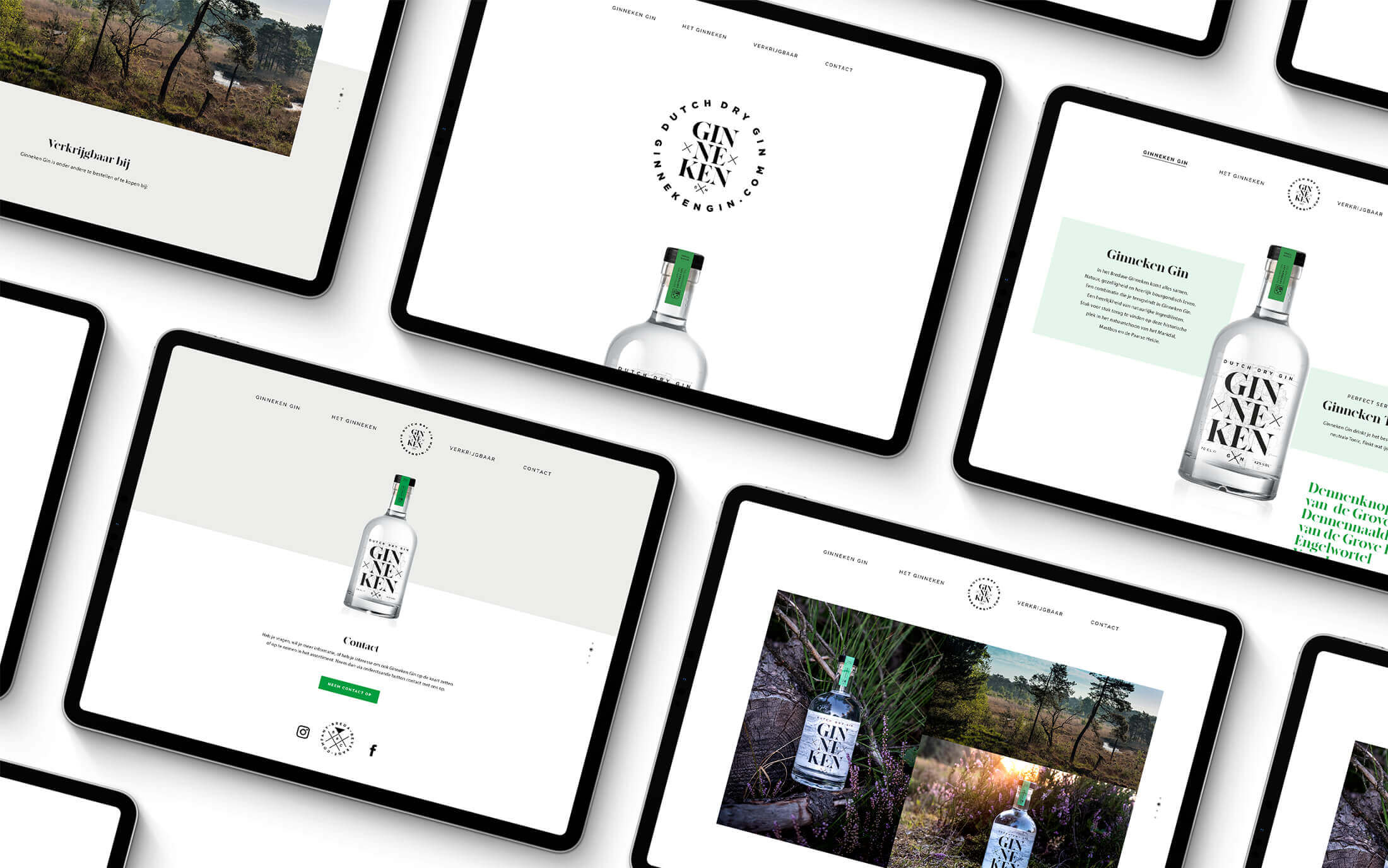 Tablets met GinnekenGin.com en opvallende afbeeldingen van ginflessen in een strakke, opvallende rasterindeling.
