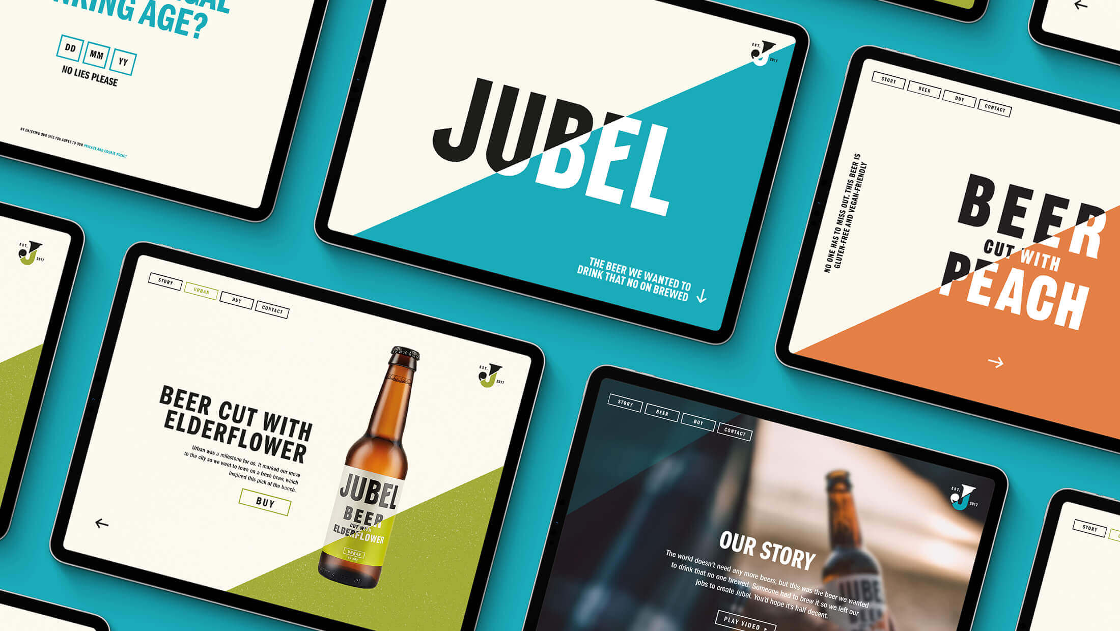Op tablets staan opvallende Jubel-bierreclames afgebeeld met opvallende, kleurrijke smaken.