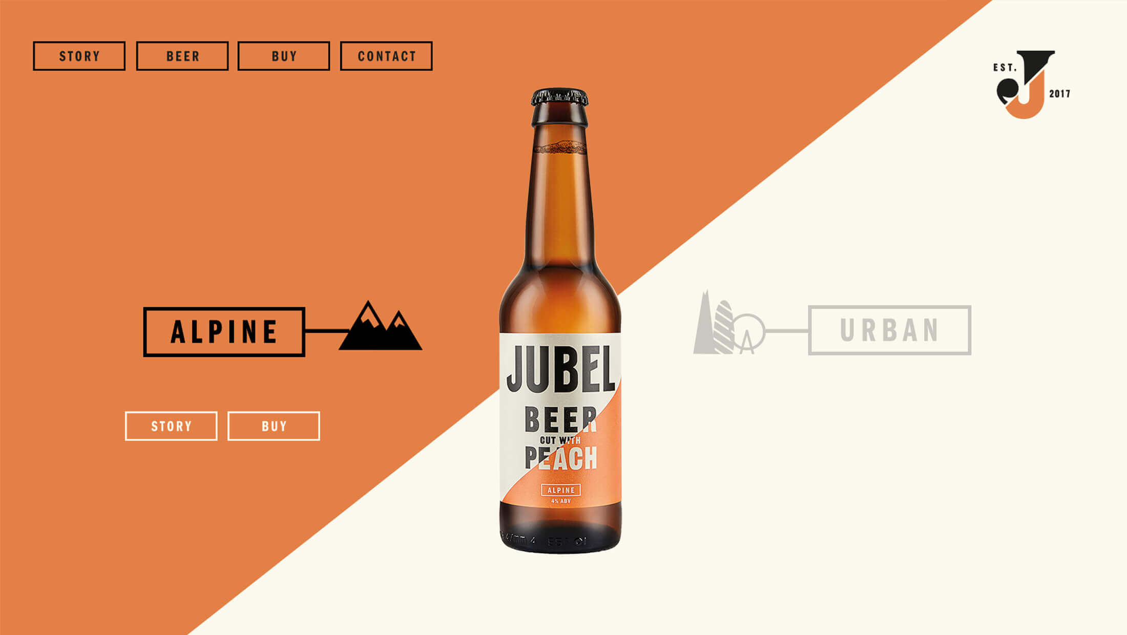 Jubel Bierfles op een oranje & crème split, met Alpine & Urban labels. Opties: Verhaal, Kopen, Contact.