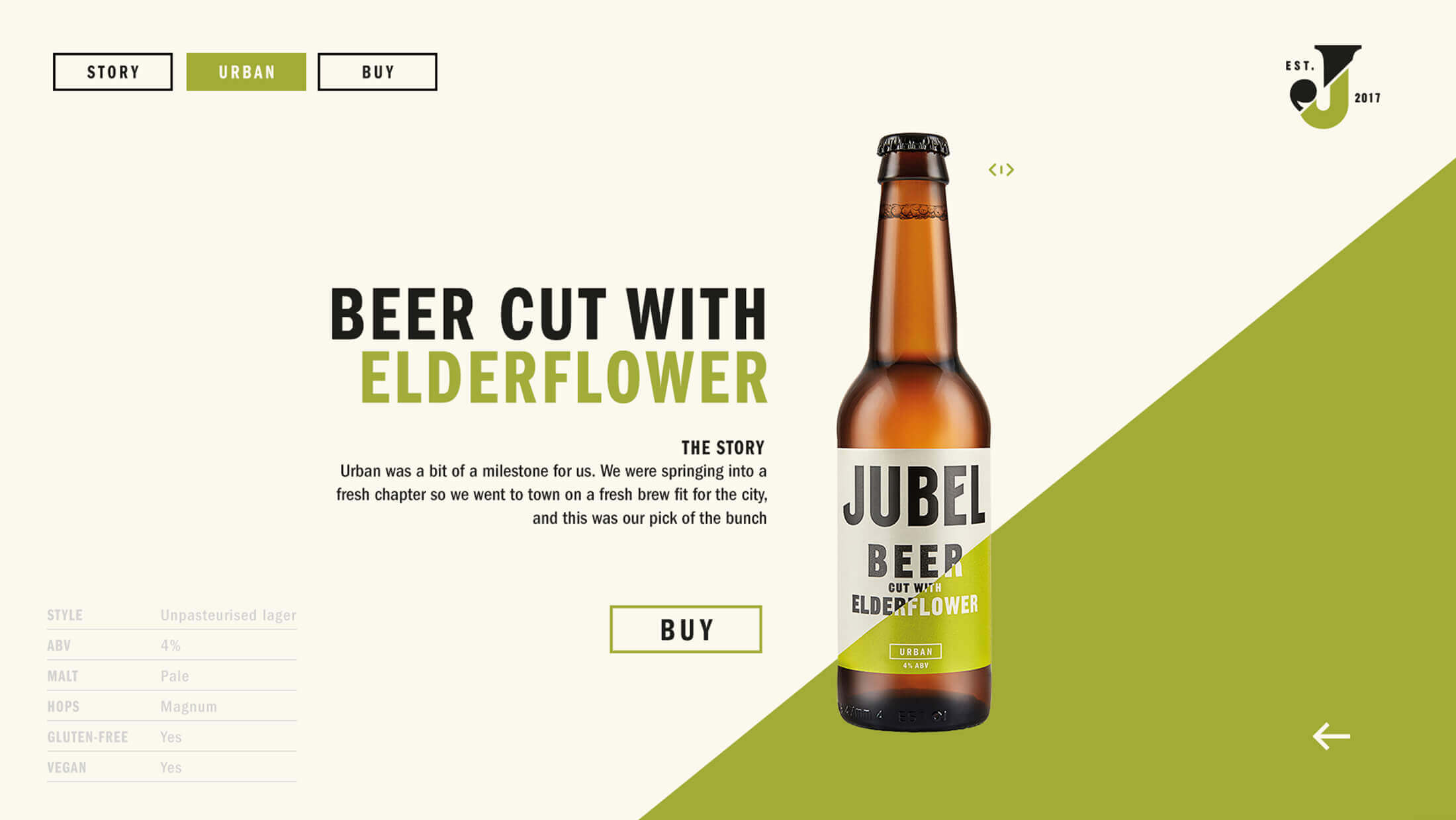 Jubel Bier "Cut with Elderflower" fles op een groen-witte achtergrond, klaar om te kopen.