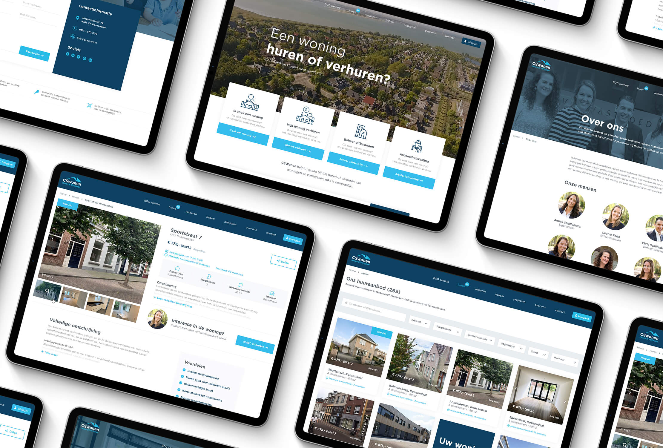 Tablets met de website van CS Wonen: woningaanbod, bedrijfsinformatie en contactgegevens.