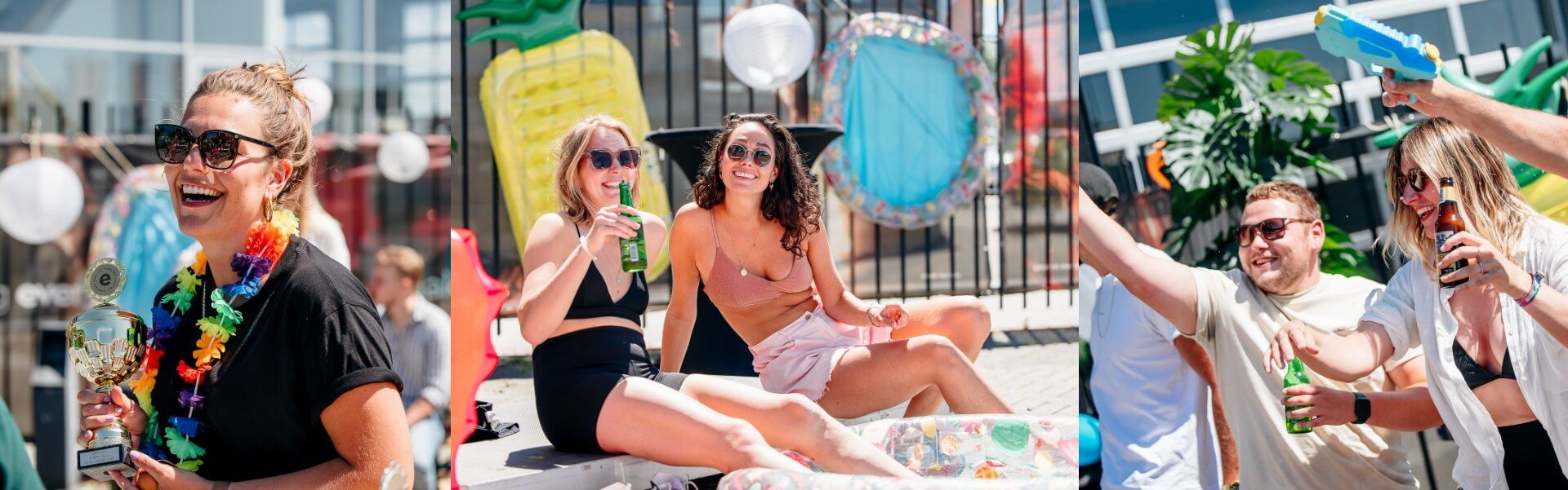 Zonnige feestsfeer: drankjes, vrolijke decoraties en plezier met waterpistolen!.