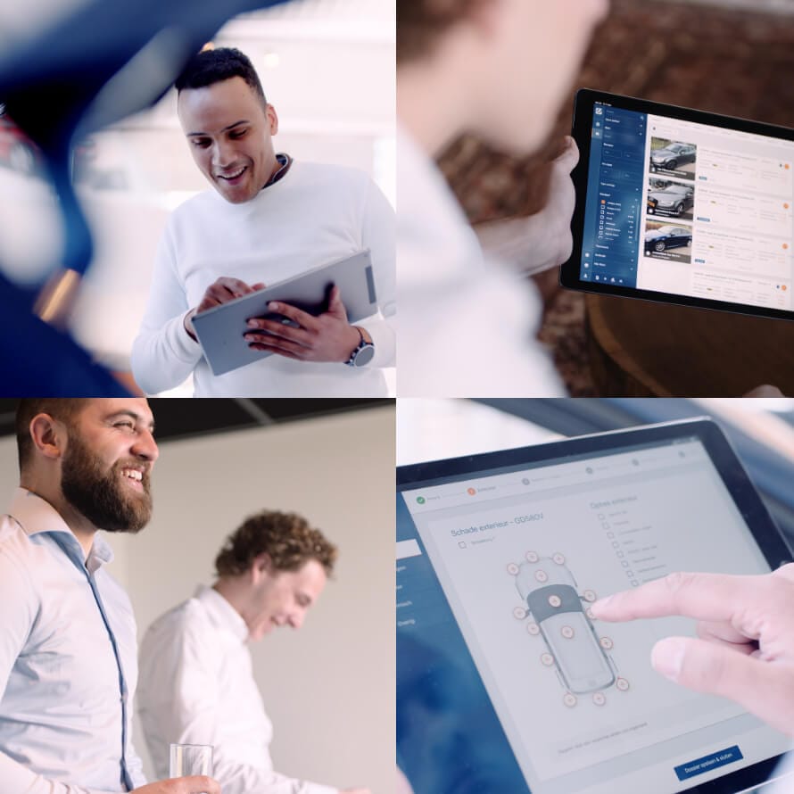 Mensen die tablets en laptops gebruiken, met Car Collect-appinterfaces voor beheer en planning.