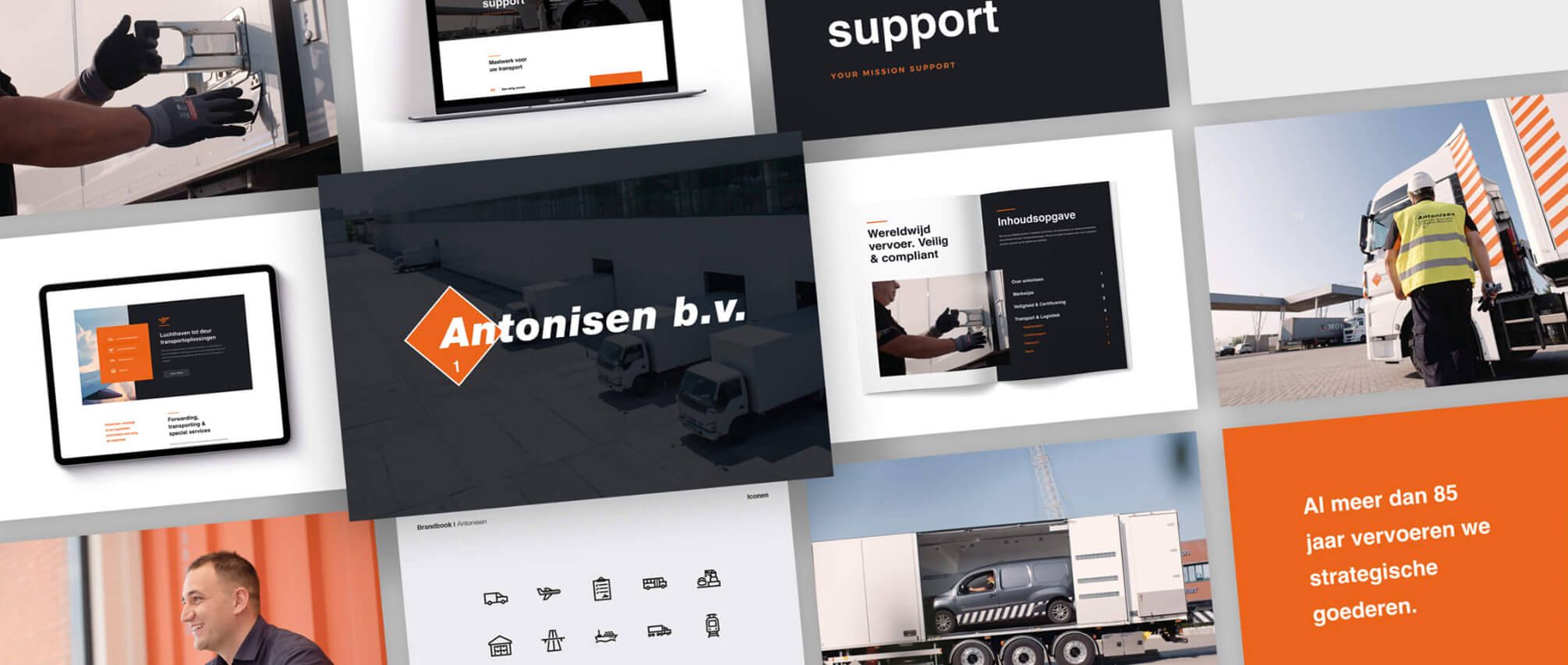 Antonisen b.v. logistiek: vrachtwagens, digitale tools & magazijnen in een strakke collage.
