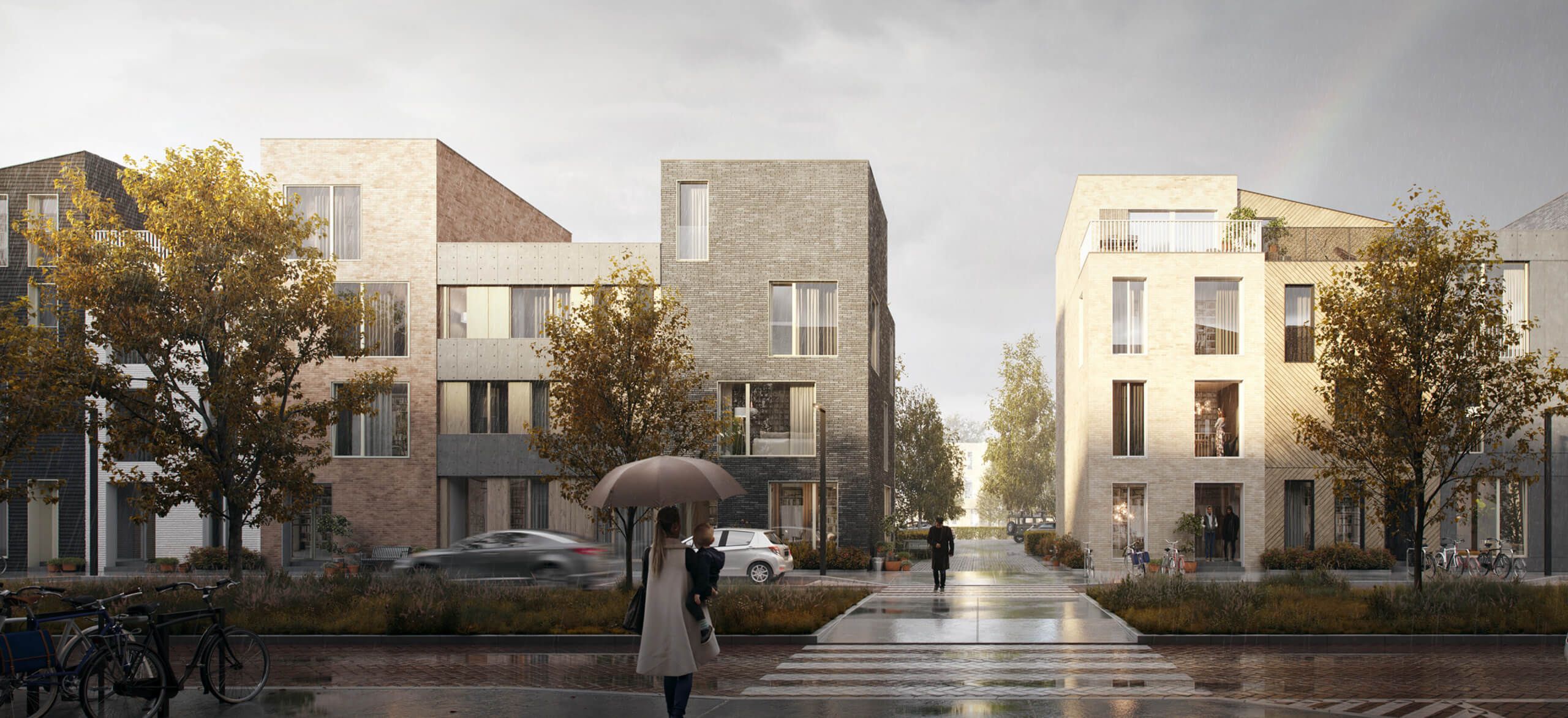 Uitzicht op een regenachtige straat met moderne gebouwen, bomenrijen met wandelaars en fietsers, en zichtbare borden van CS Wonen.