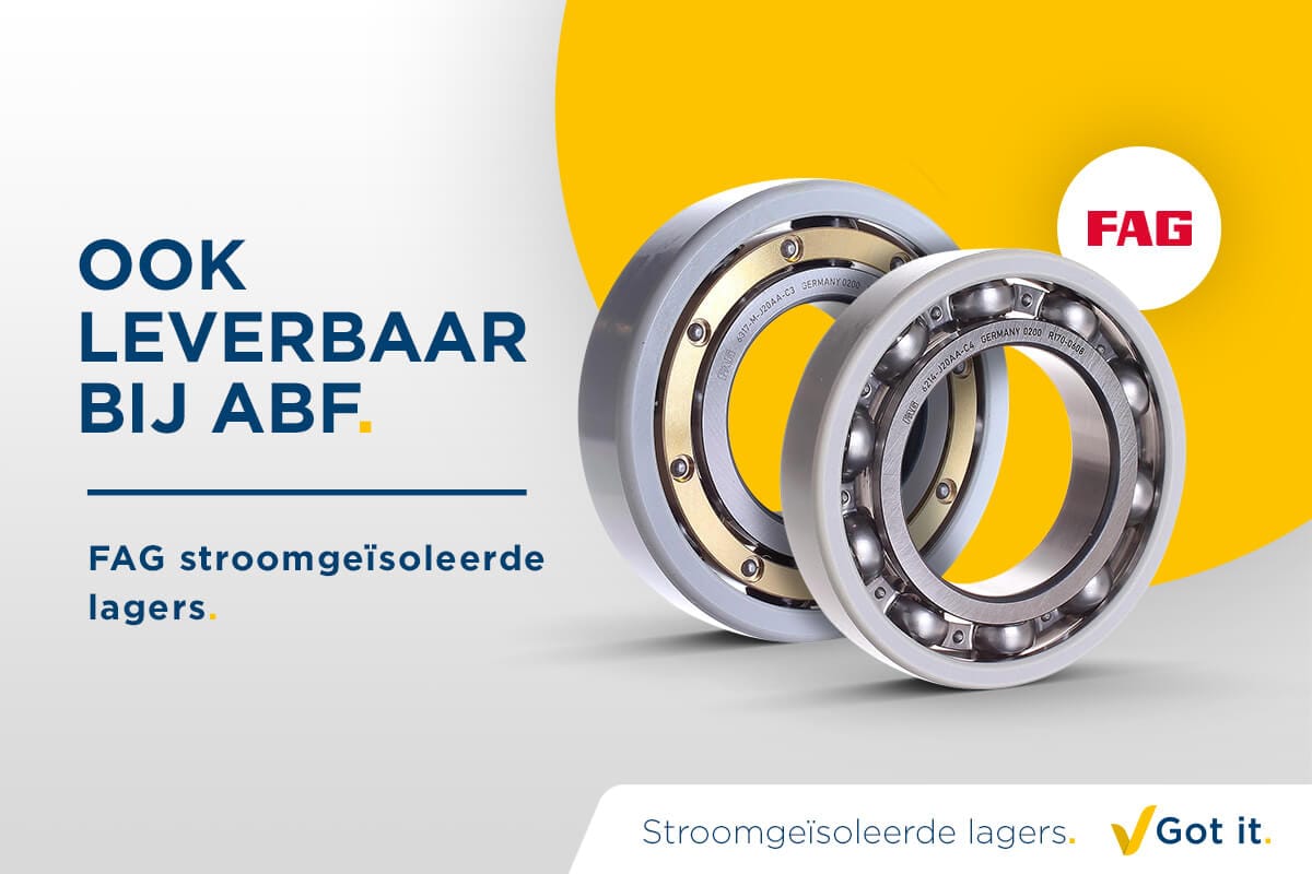 Ontdek de hoogwaardige FAG-geïsoleerde lagers van ABF, waarvan er twee op een strak grijs oppervlak worden getoond.