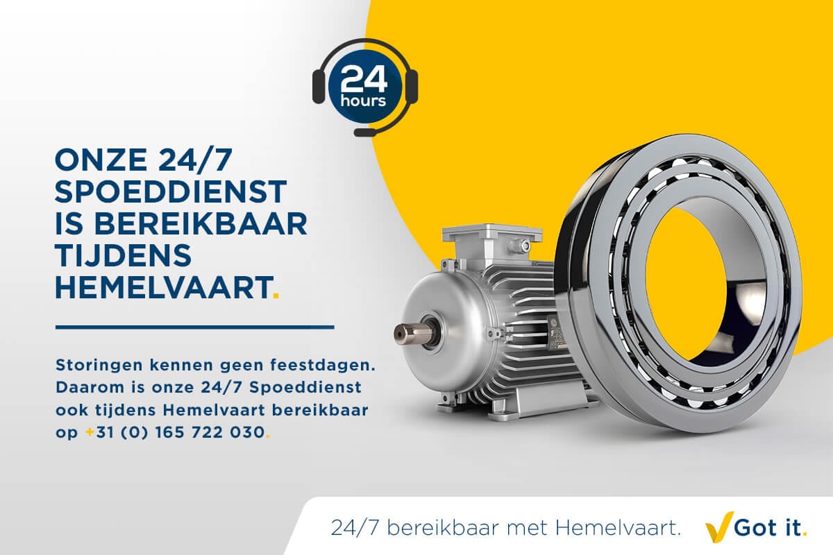 De zilveren motor en Nederlandse tekst van ABF benadrukken de 24/7 service op Hemelvaart.