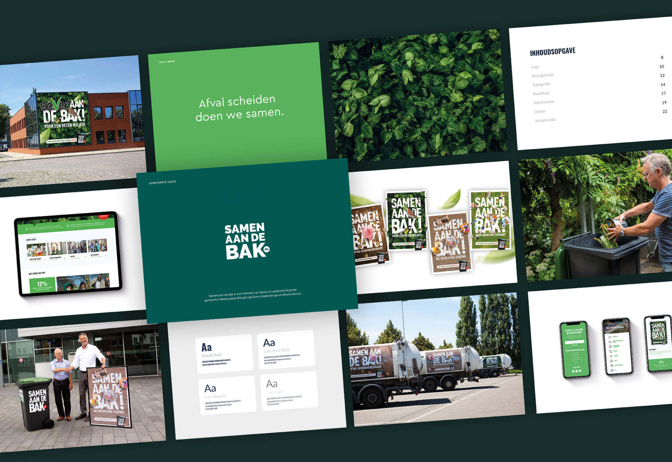 Collage van de afvalcampagne met een groen thema: posters van "Samen Aan De Bak!", ecologische site, levendige scènes over afvalinzameling.