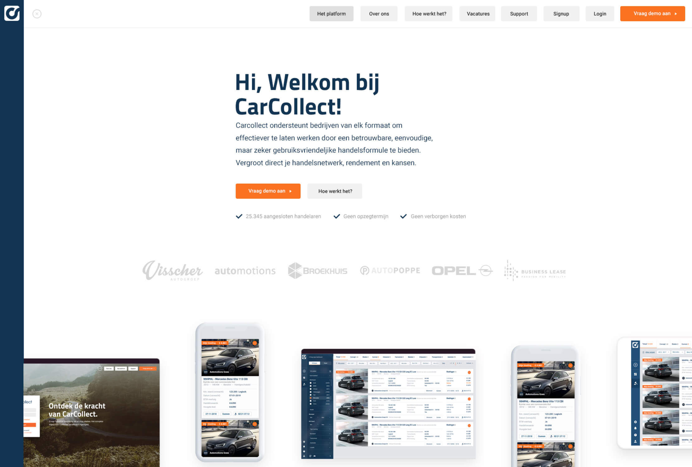 Op de homepage van CarCollect worden Nederlandse tekst, het logo, een eenvoudig menu en app-screenshots getoond die de gestroomlijnde functies van het bedrijf laten zien.
