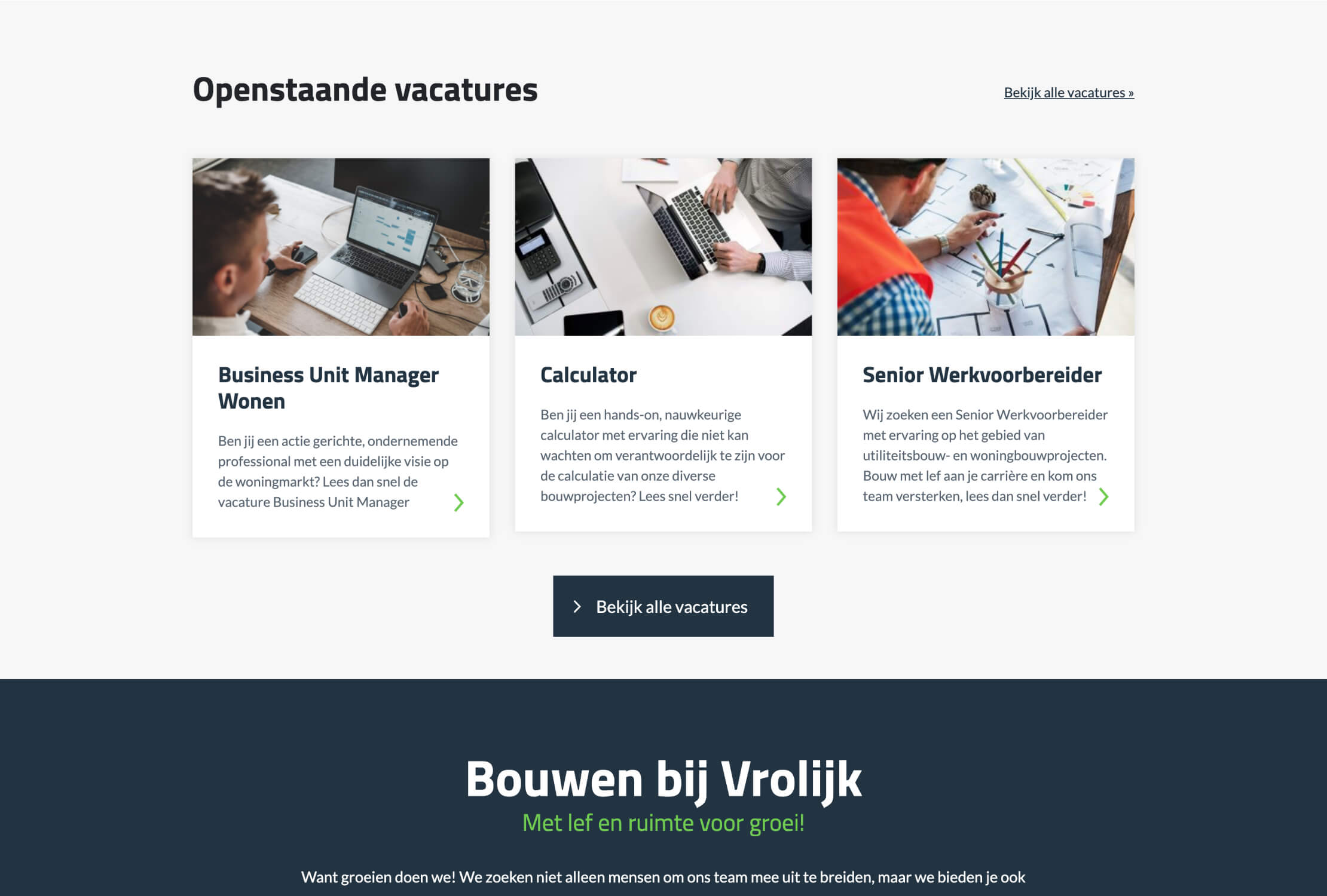 Vacatures bij Bouwbedrijf Vrolijk: Manager, Calculator, Senior Technicus. Afbeeldingen en details inbegrepen.