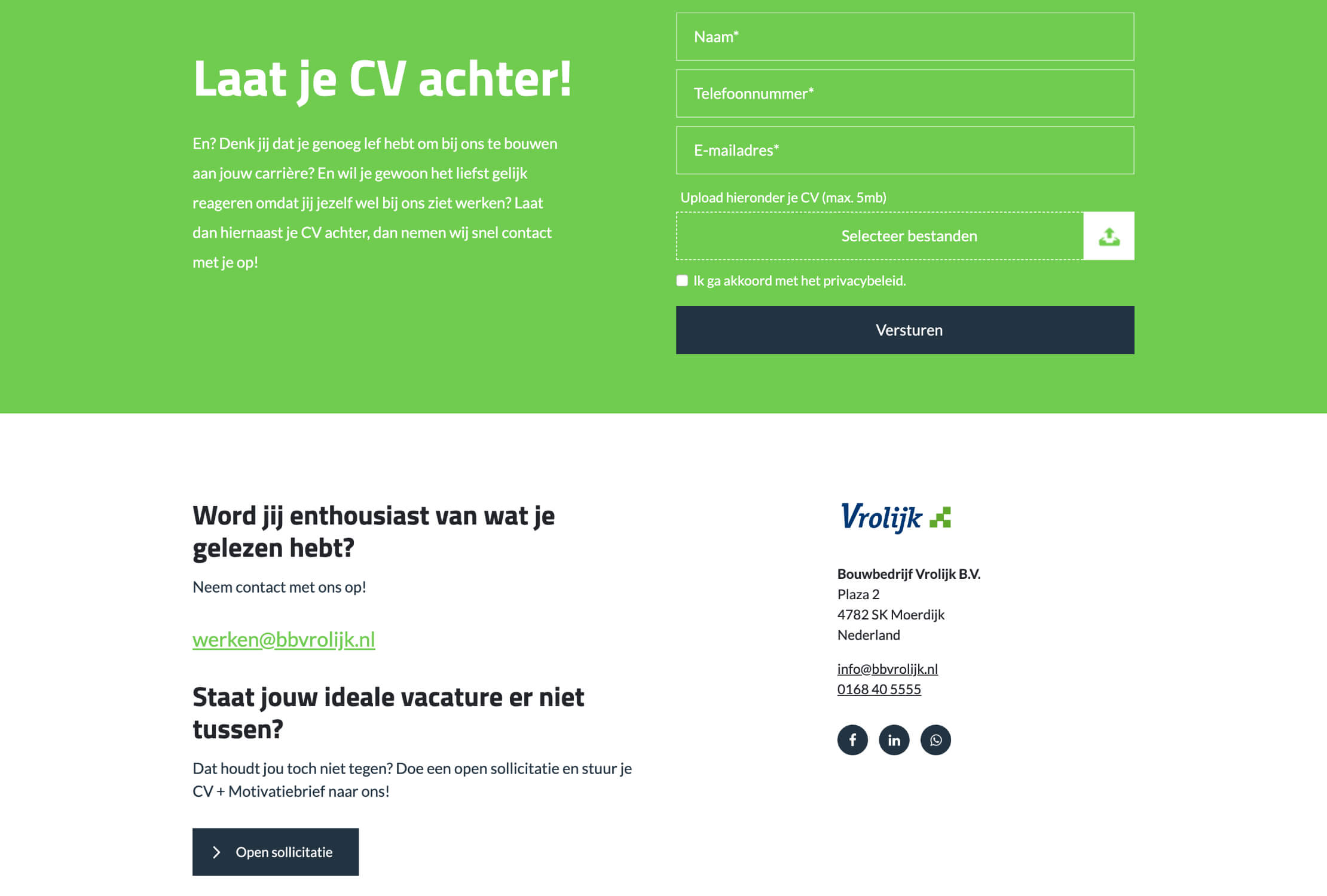Functievorm: Bouwbedrijf Vrolijk. Velden: Naam, Telefoon, E-mailadres, CV-upload. Knop Verzenden. Contactgegevens hieronder.