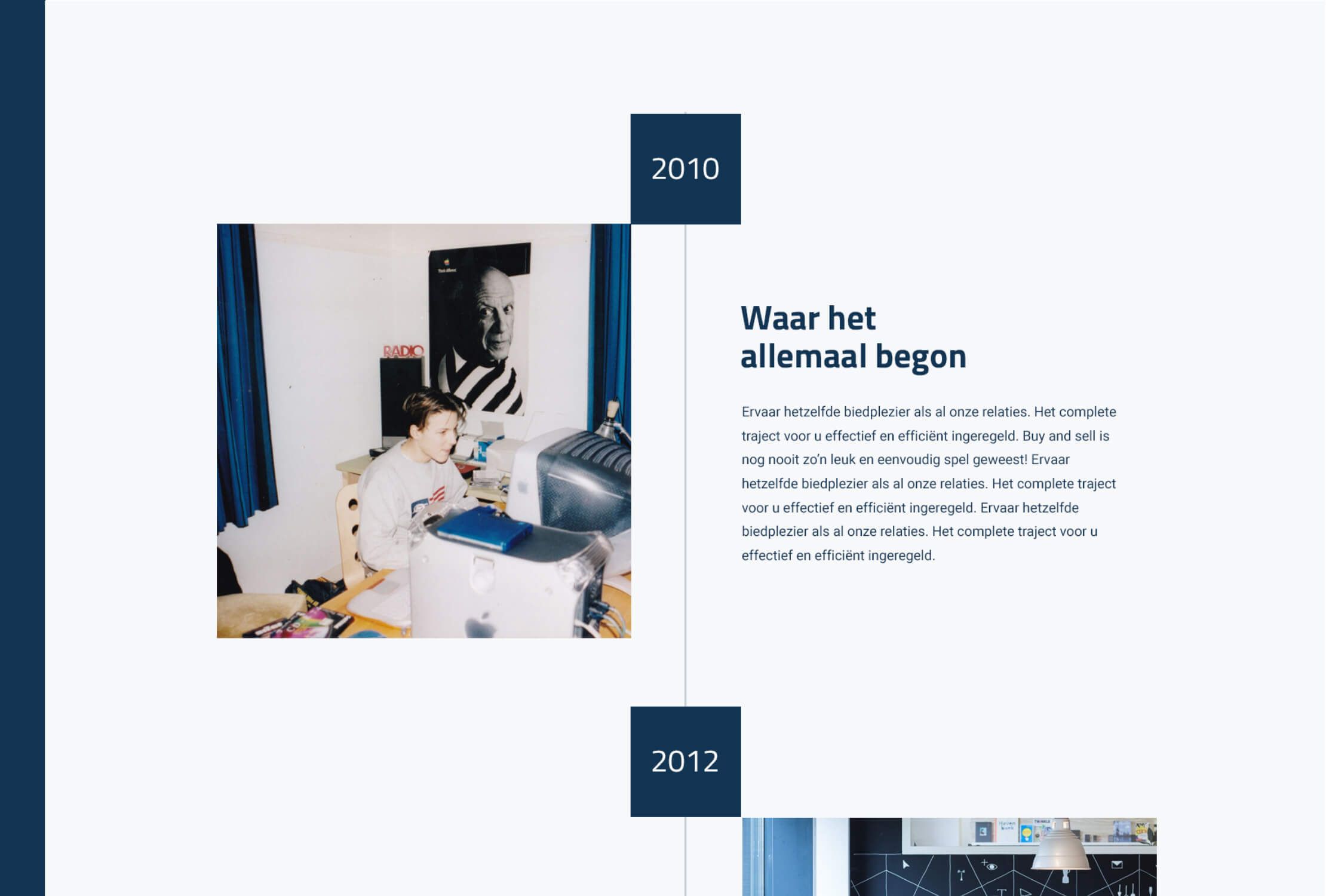 Een gebruiker achter een oude computer, met de tijdlijn 2010-2012 zichtbaar, mijmert nostalgisch, net als een autoliefhebber met oldtimers.