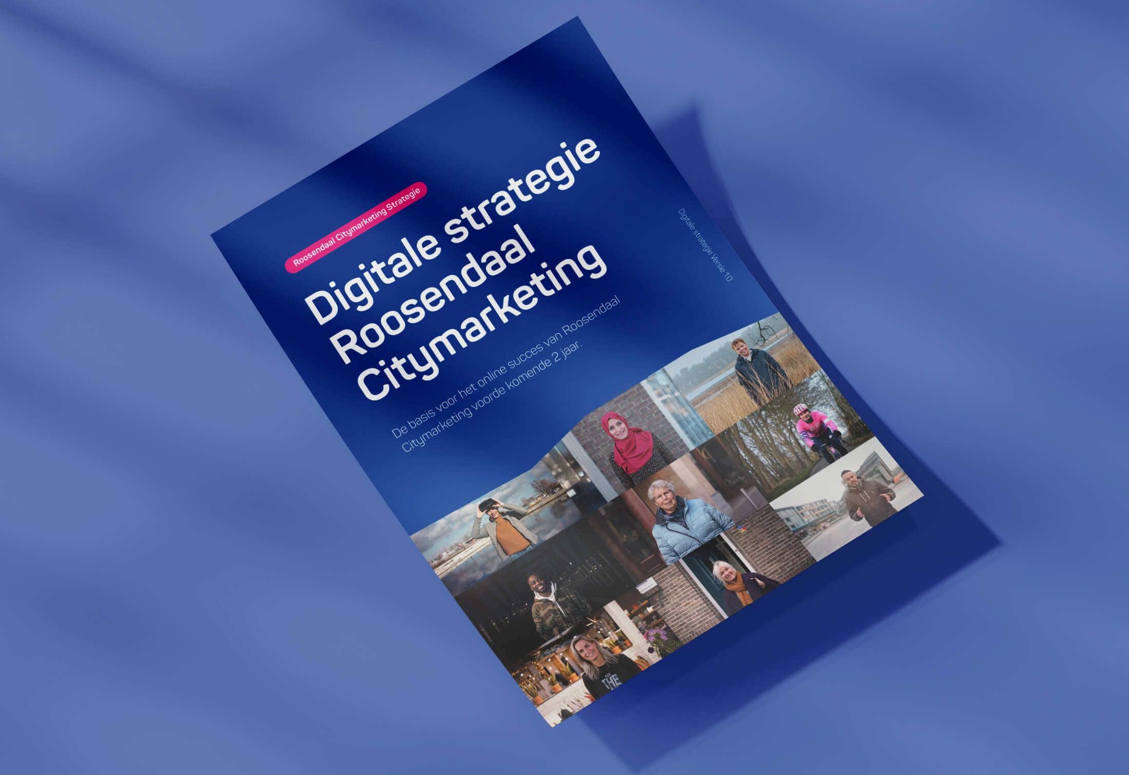 Digitale Strategie Roosendaal Citymarketing cover: Mensen- en natuurfoto's op een blauwe achtergrond.
