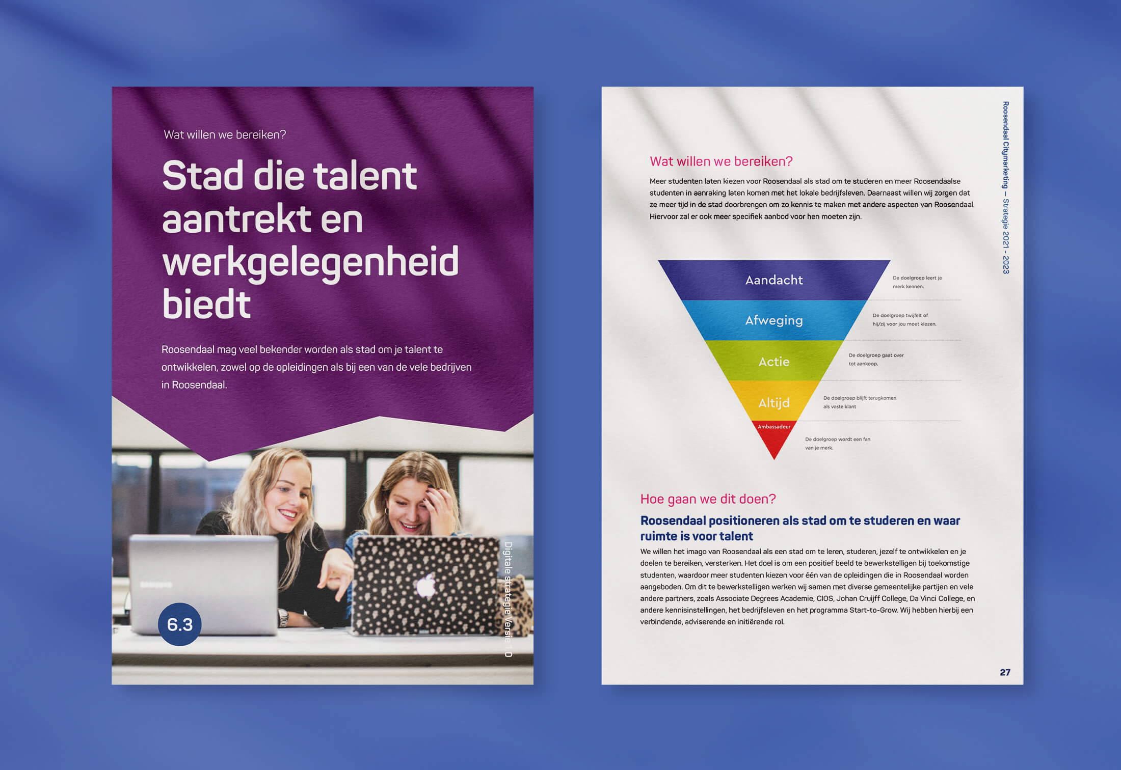 Links: Tekst en lachende mensen met laptops. Rechts: Kleurrijke piramidegrafiek.