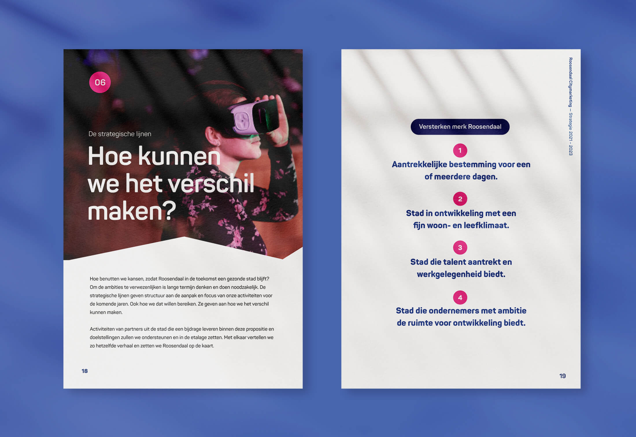 Blauwe brochure: Strategieplannen Roosendaal - innovatieve, duurzame groei. Grafische weergave binnenin.