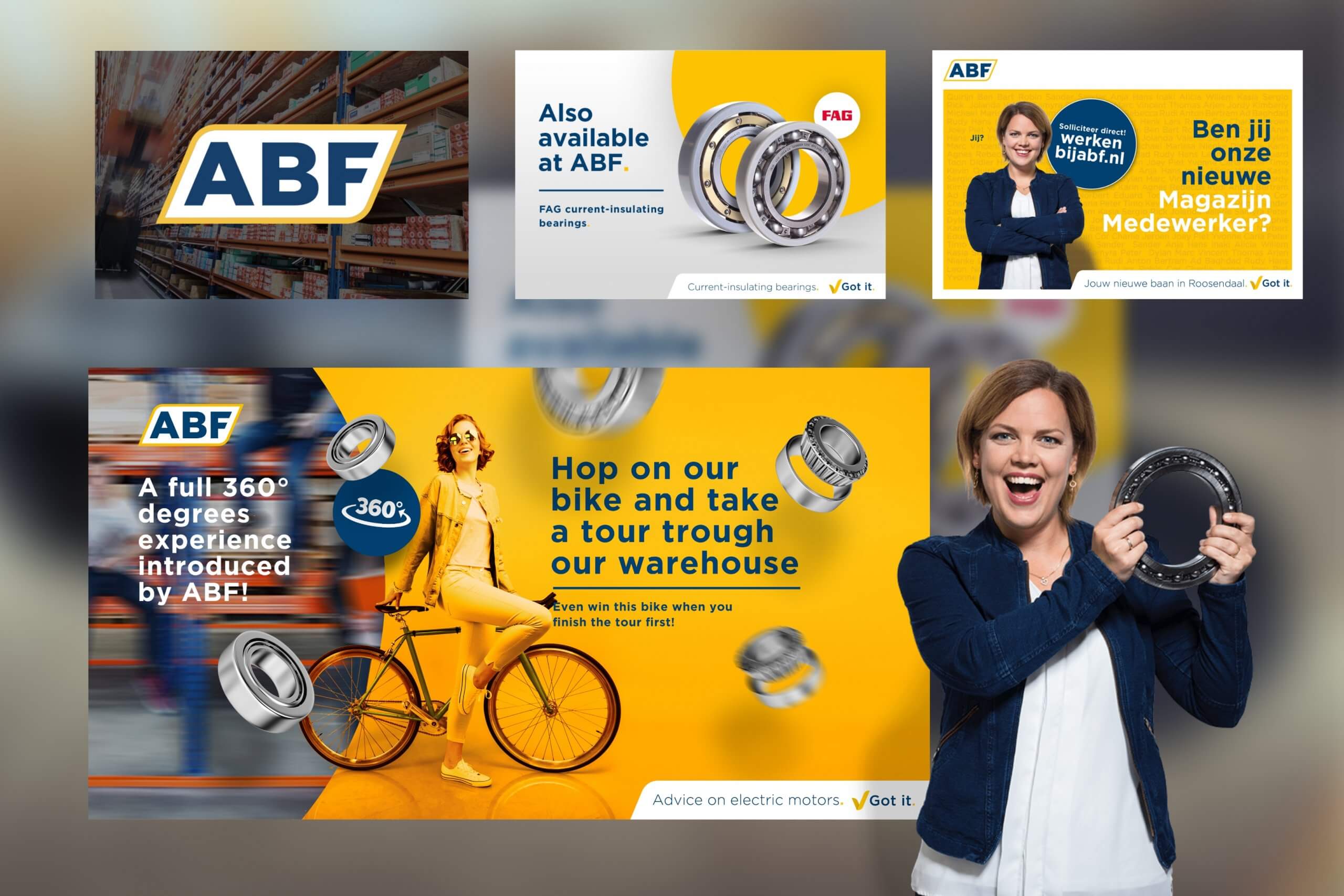 Collage van tandwielen, lagers en een ABF-vacature op een levendige geelblauwe achtergrond.