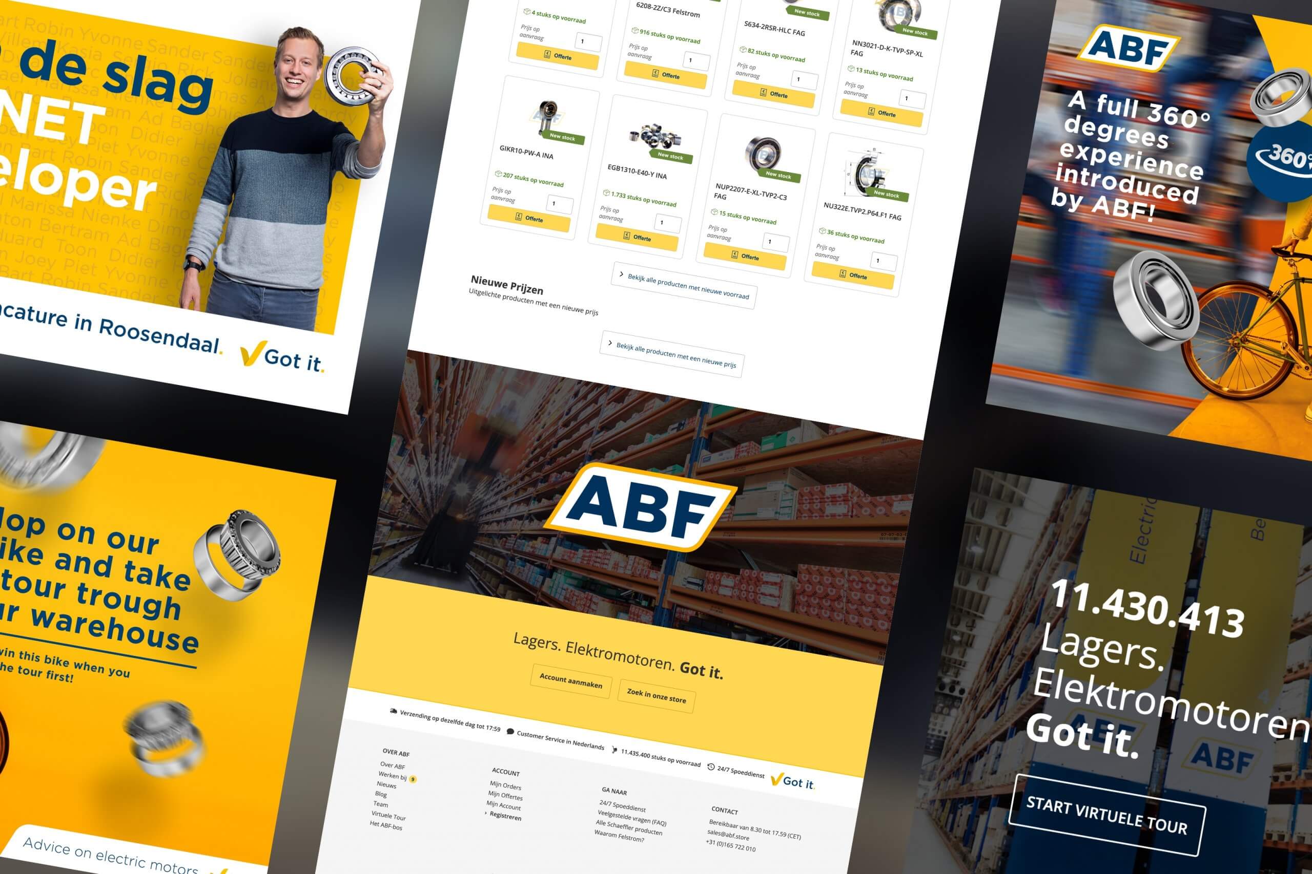 Op de webpagina's van ABF worden producten en slogans getoond in opvallend geel en wit, waardoor het merk ABF in de schijnwerpers wordt gezet.