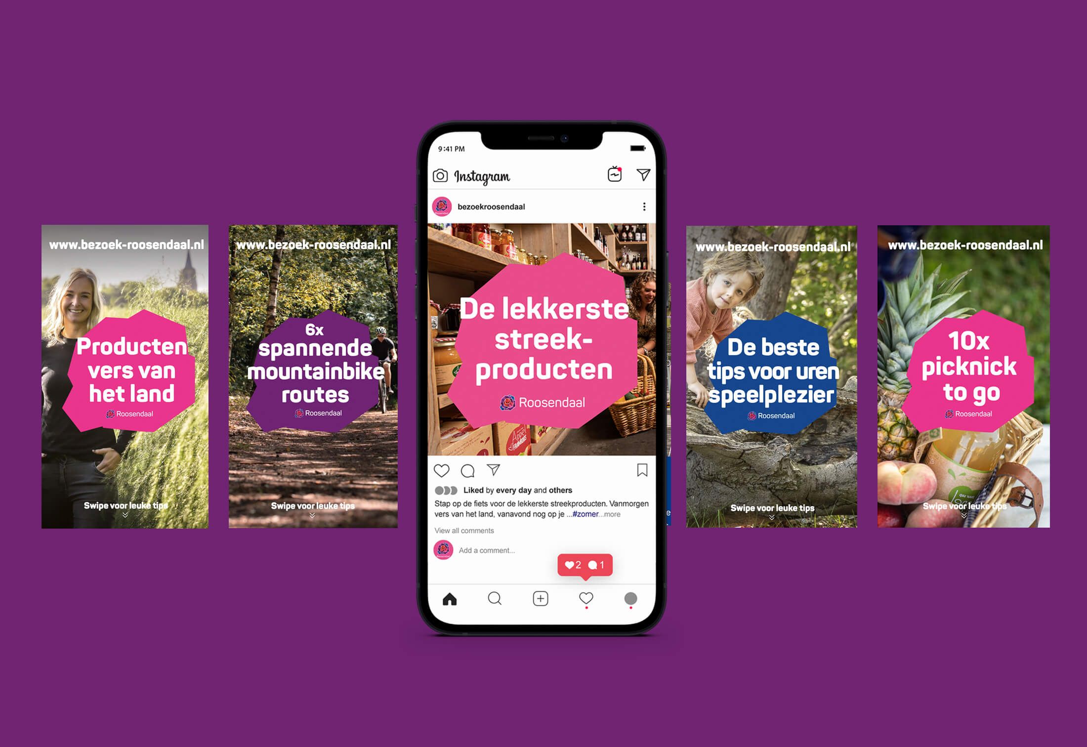 Nederlandse toeristische promotie op posters en mobiele schermen, tegen een paarse achtergrond.