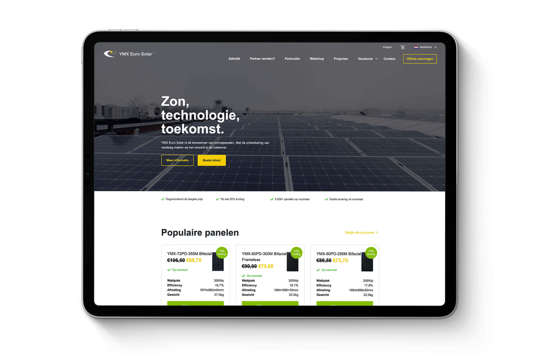De website van YMX Euro Solar toont strakke zonnepanelen en Nederlandstalige info op een tablet.