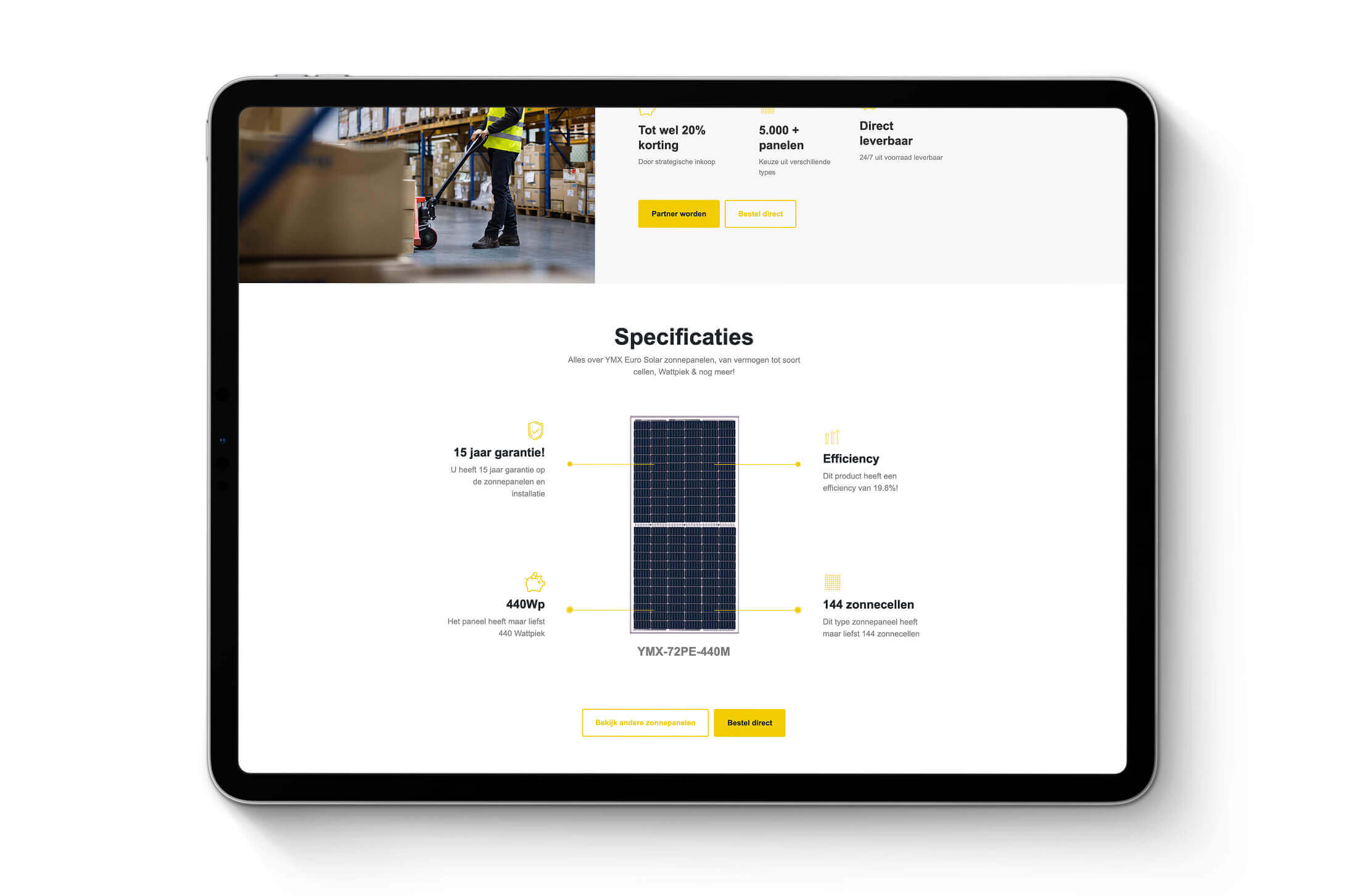 Tablet geeft YMX Euro Solar specificaties weer: garantie & rendement. Inclusief afbeelding van magazijn met persoon.