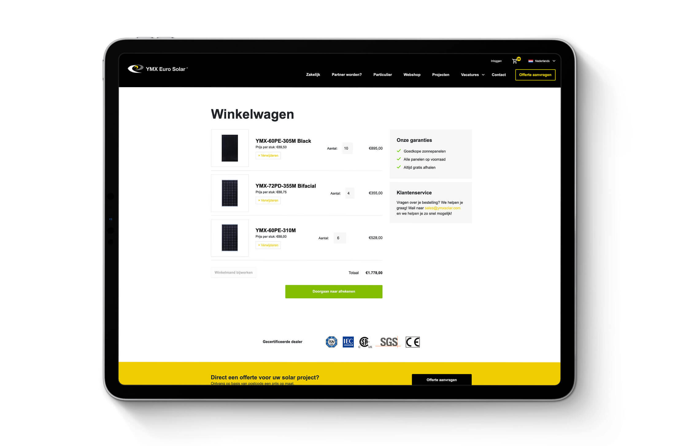 Een YMX Euro Solar-tablet toont een kassa in een zonnepanelenwinkel. Tik om je milieuvriendelijke aankoop te voltooien!.