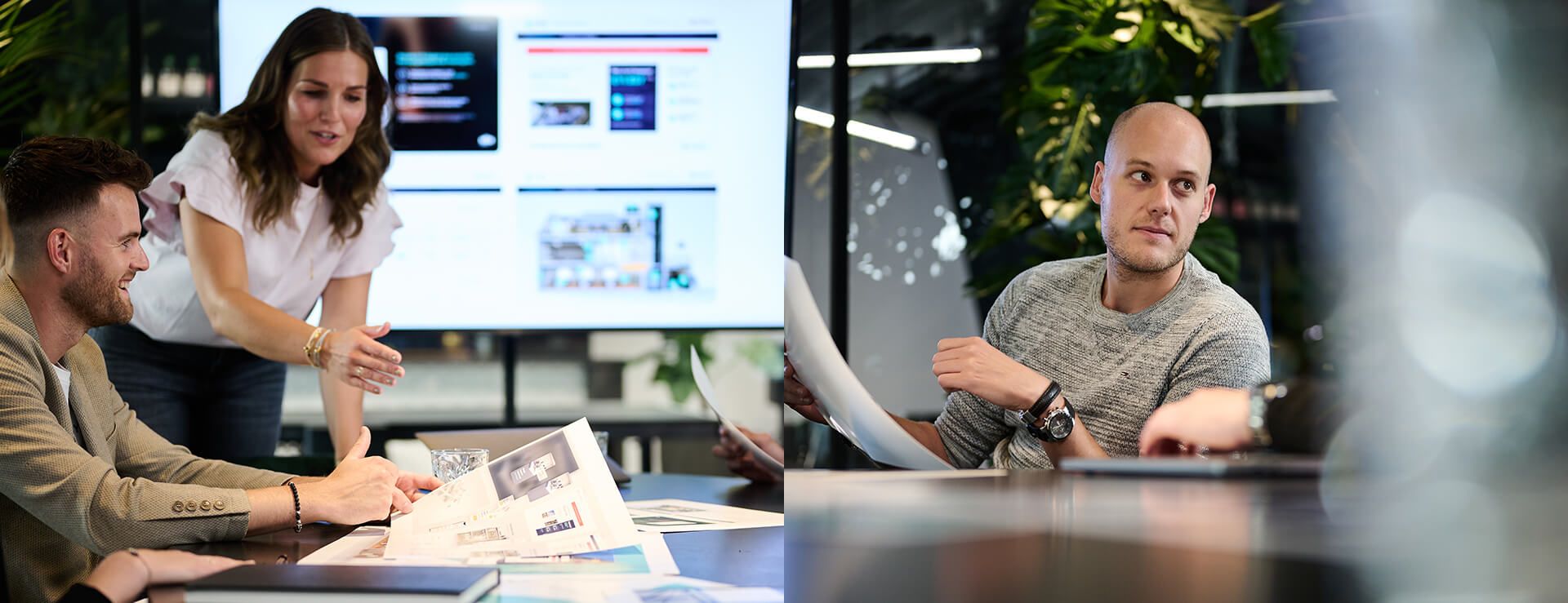 Links: Vrouw presenteert documenten; Rechts: Man houdt documenten vast tijdens een vergadering.