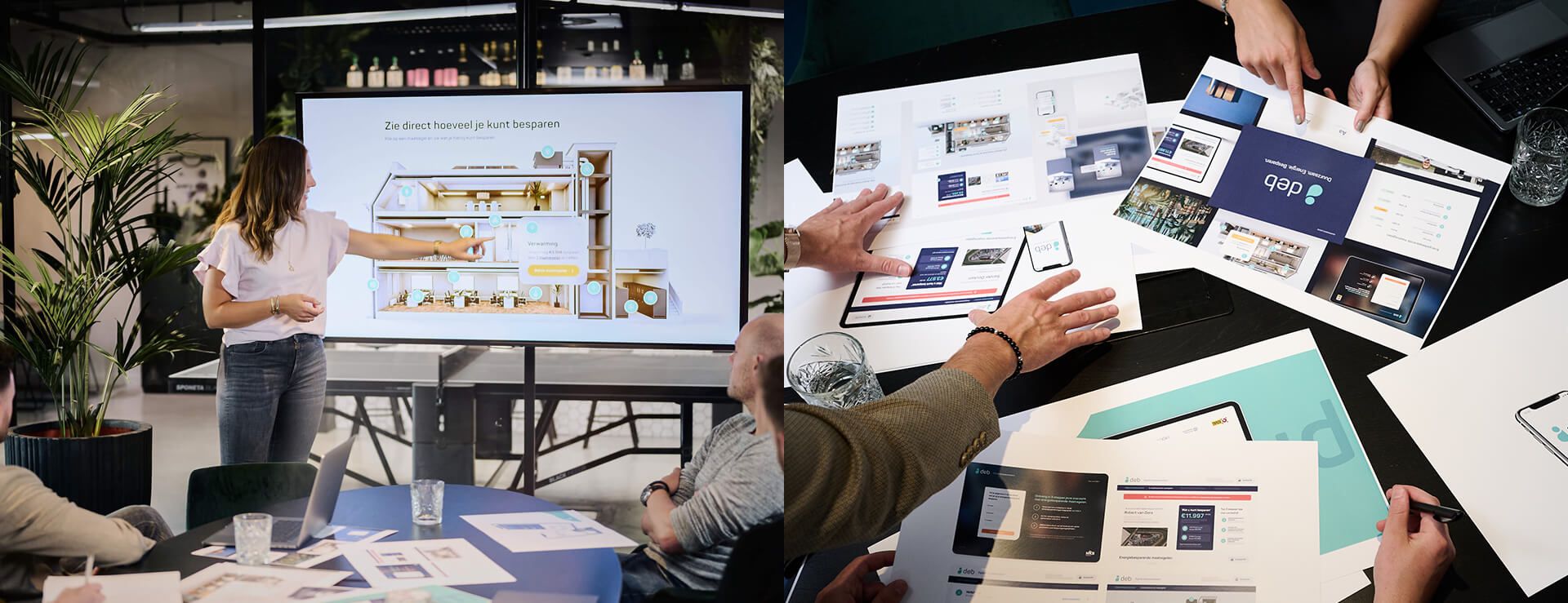Het team werkt samen aan digitale en printprojecten in een strak, modern kantoor.