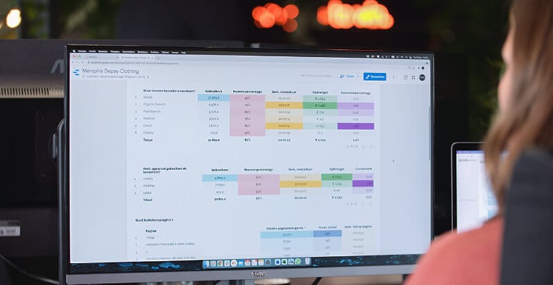 Iemand analyseert belangrijke inzichten voor branding vanuit een gedetailleerd spreadsheet op een groot scherm.