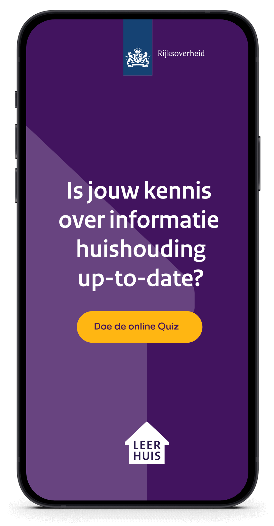 Uitnodiging voor Nederlandse quiz over infomanagement van de overheid verschijnt op smartphonescherm.