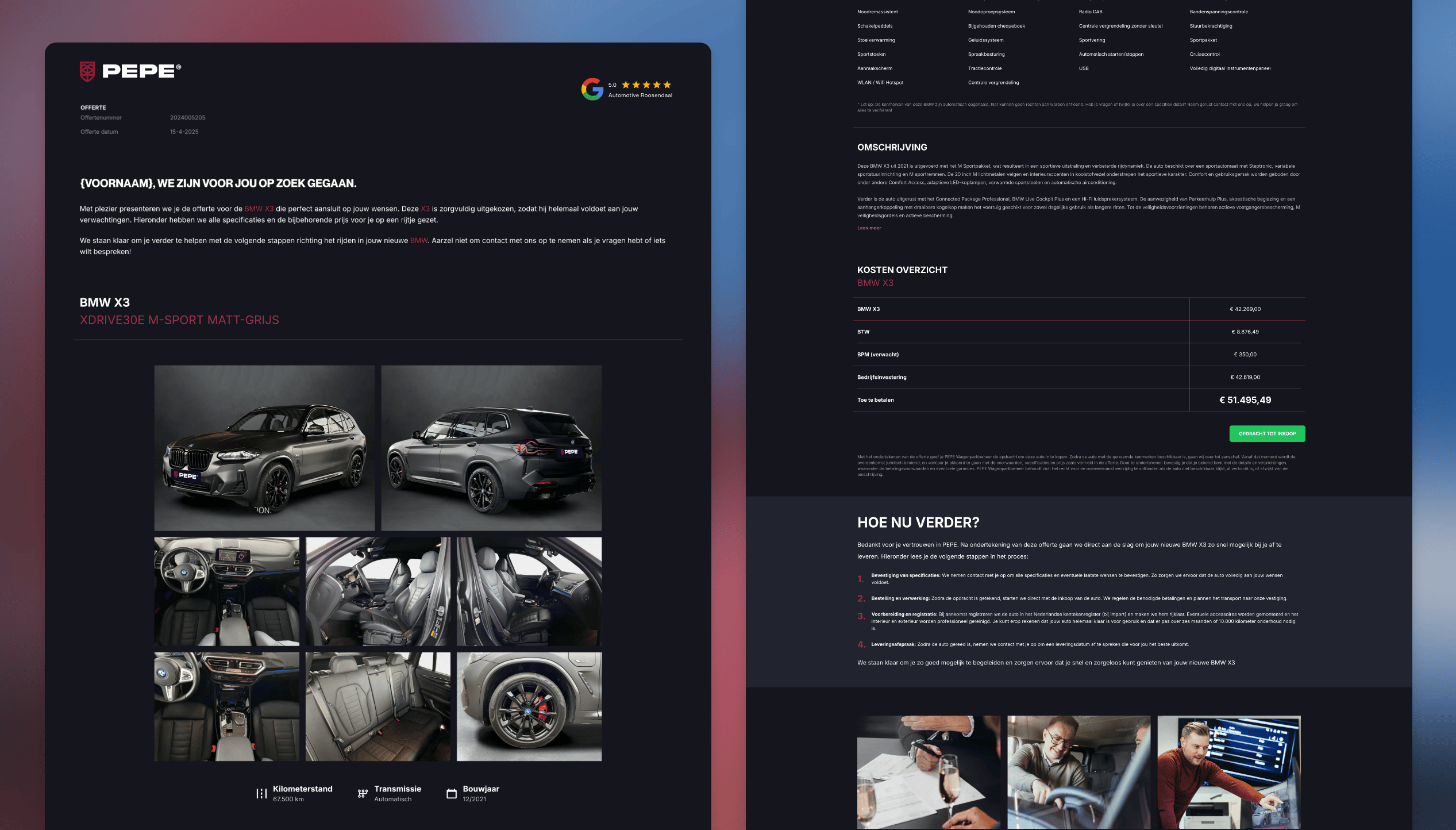 Strakke, donkere BMW X3-advertentie met afbeeldingen, gedetailleerde prijzen en subtiele PEPE-accenten voor extra stijl.
