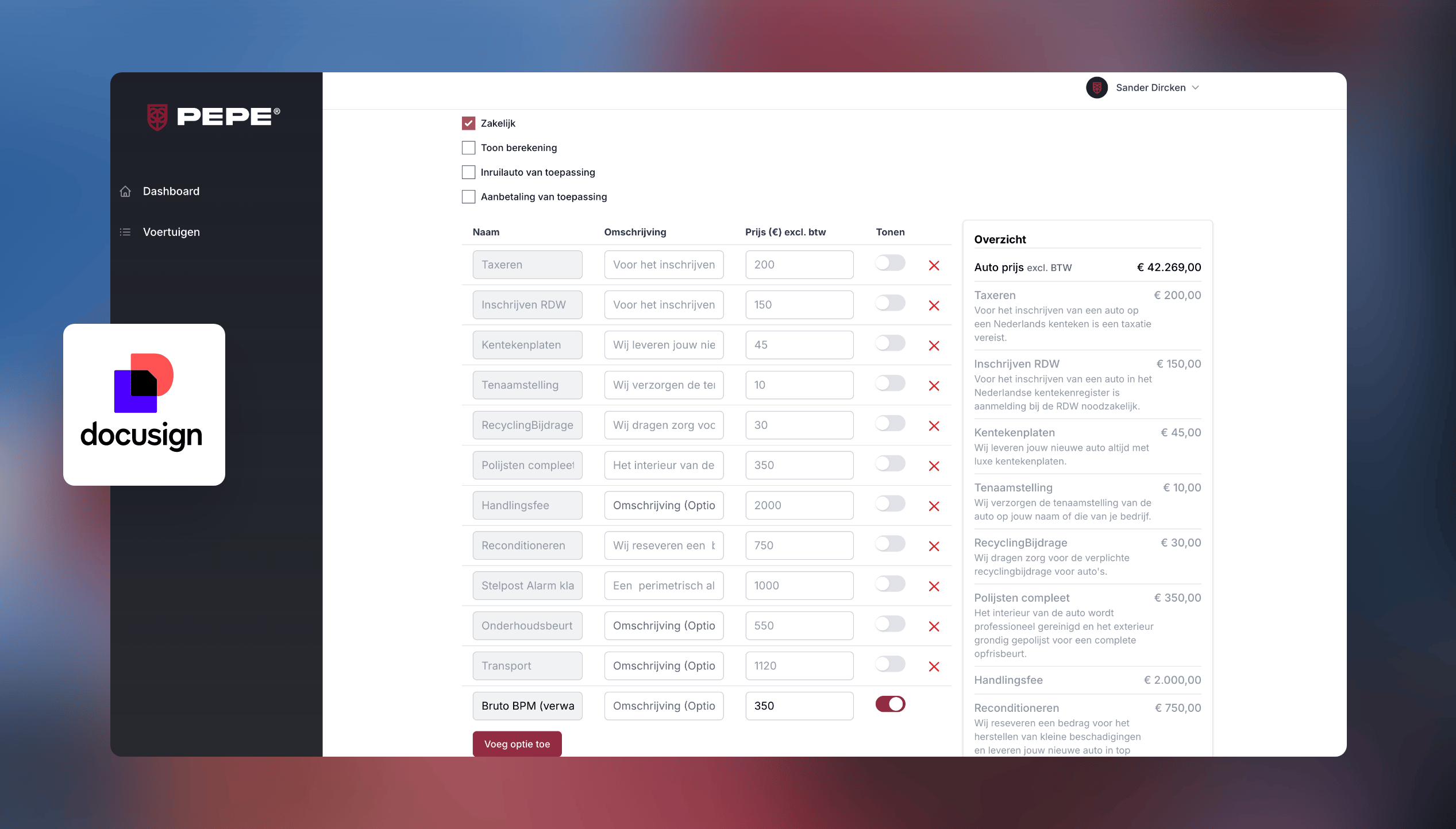 Webdashboard met prijsknoppen, DocuSign-logo aan de linkerkant en een speels PEPE-accent voor stijl.