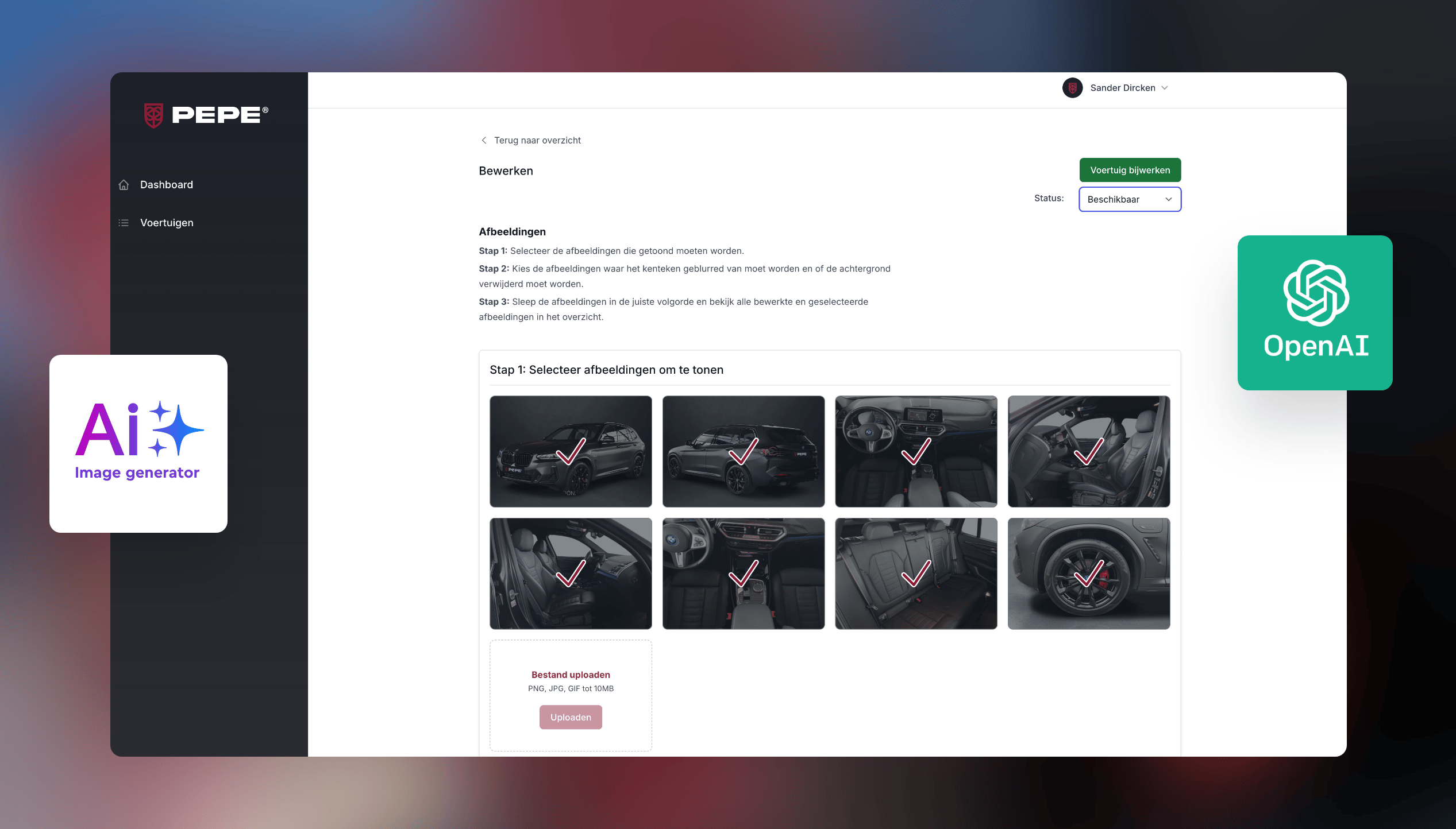 PEPE AI-dashboard: stappen voor het selecteren van het interieur van de auto met vinkjes bij de gekozen afbeeldingen.
