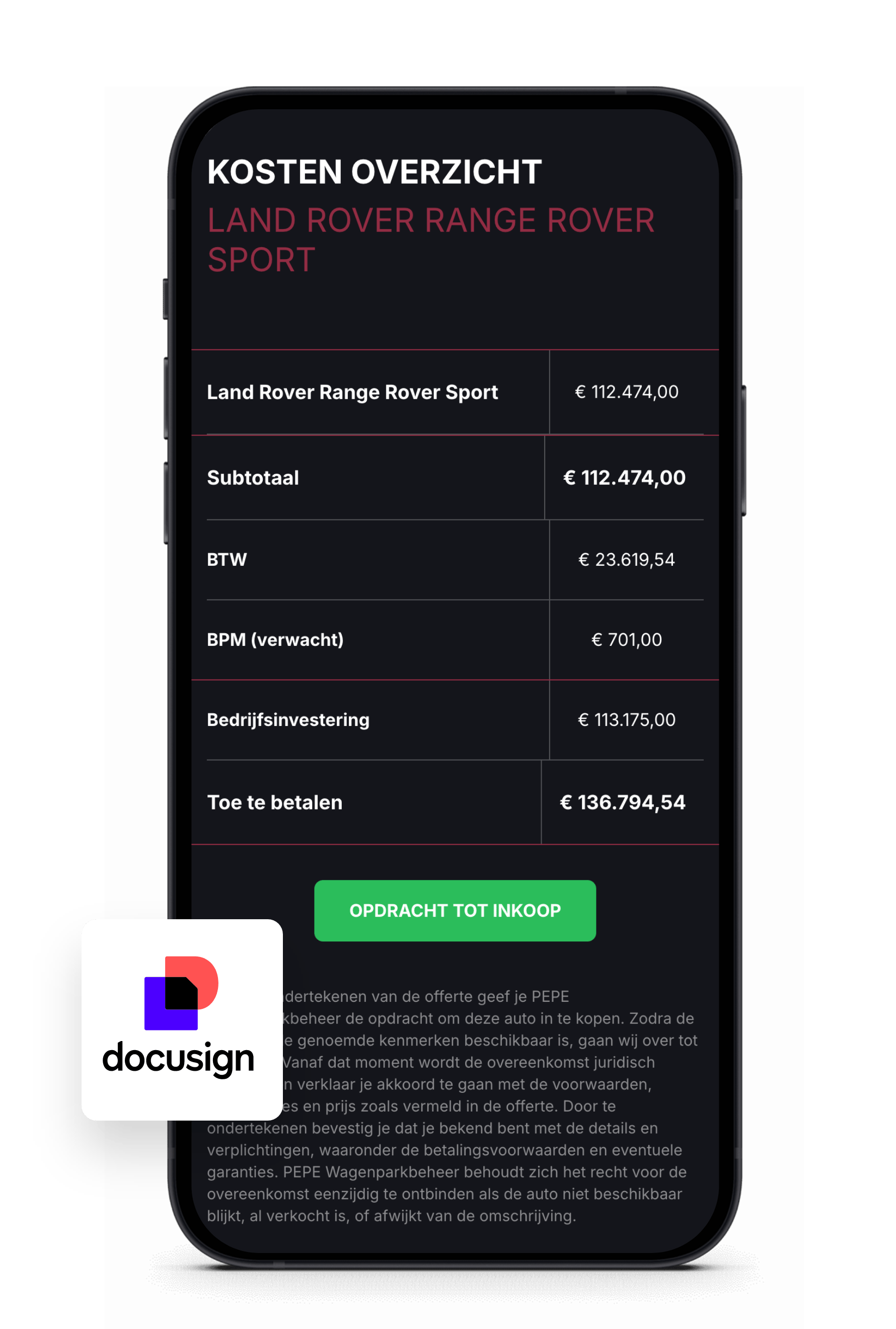 Telefoonscherm toont prijzen van een Range Rover Sport met een groene "PEPE"-koopknop.