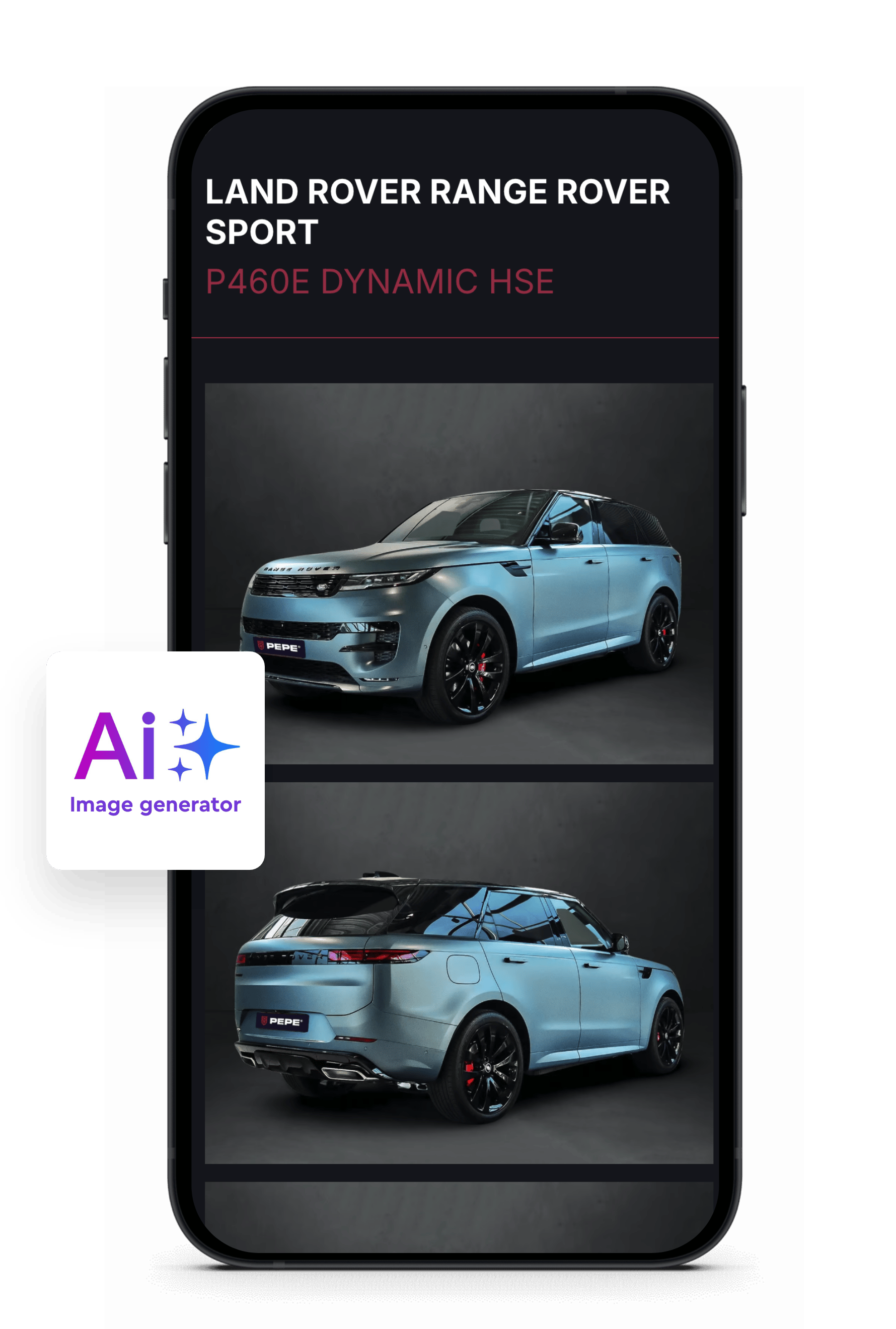 Smartphone met foto's van een zilveren Range Rover Sport P460E met een PEPE-sticker op het scherm.