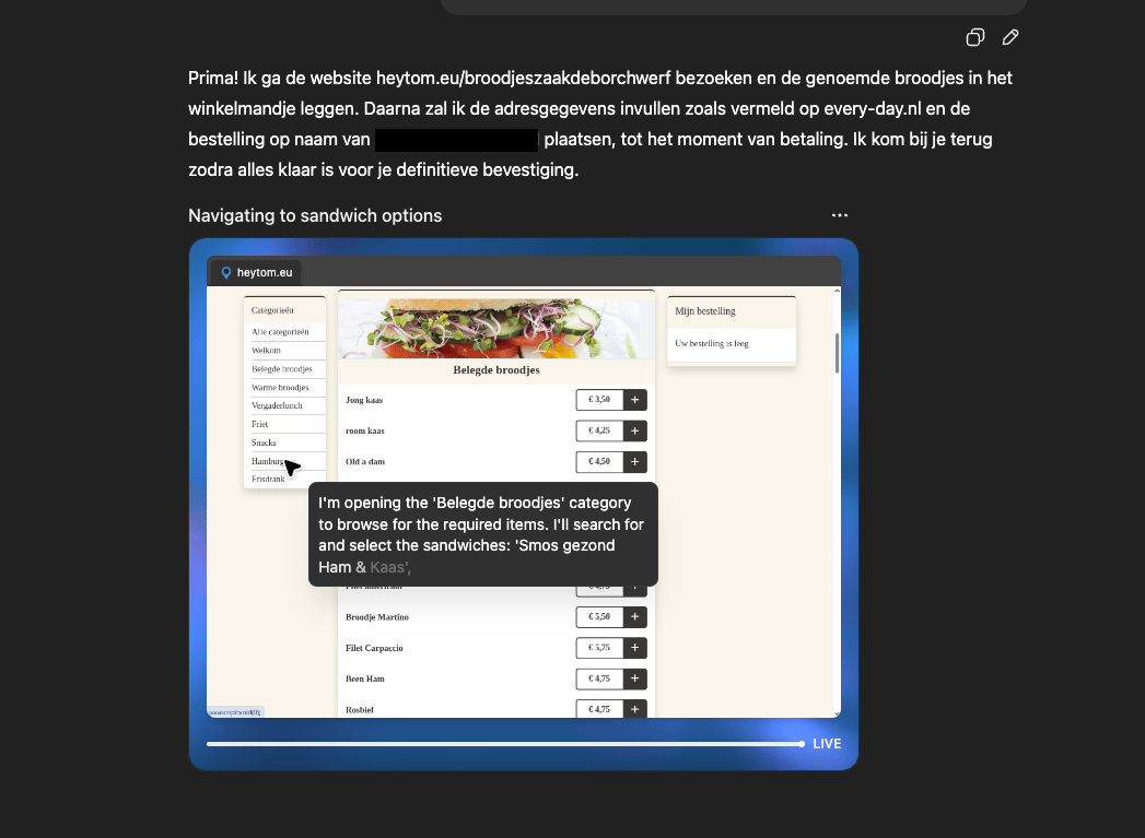 Gebruiker kiest sandwichopties van een online menu op een site voor het bestellen van eten.