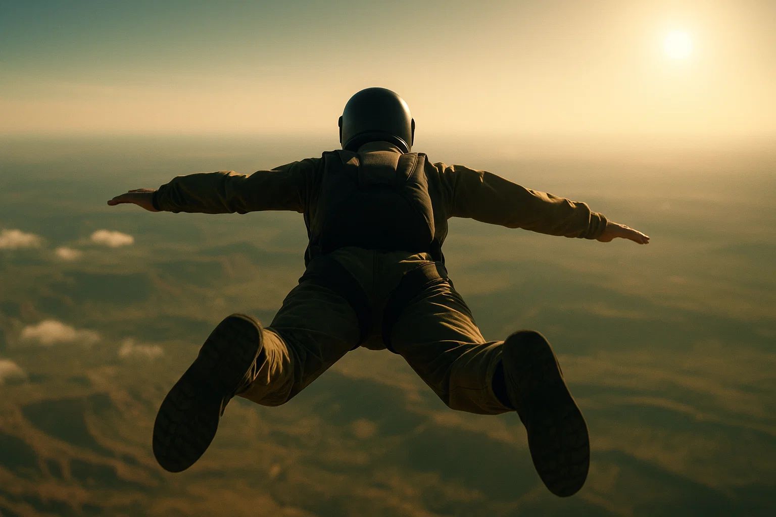 Skydiver met helm en pak maakt vrije val, armen uitgestrekt, boven een schilderachtig landschap bij zonsondergang.