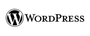 WordPress: Een cirkel met een gestileerde "W" naast het woord "WordPress" in het zwart.