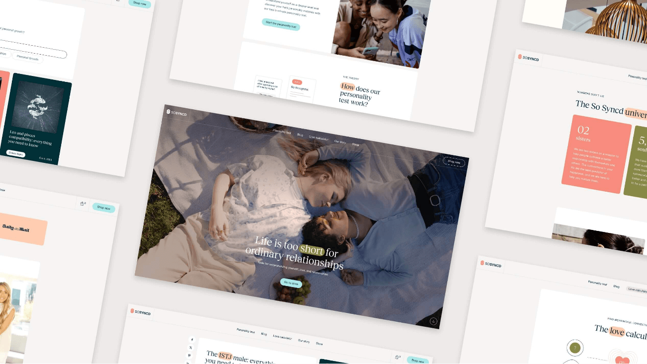 Een collage van websitemodellen met koppels, ontwerpelementen en inhoud van relatie-/persoonlijkheidstests.