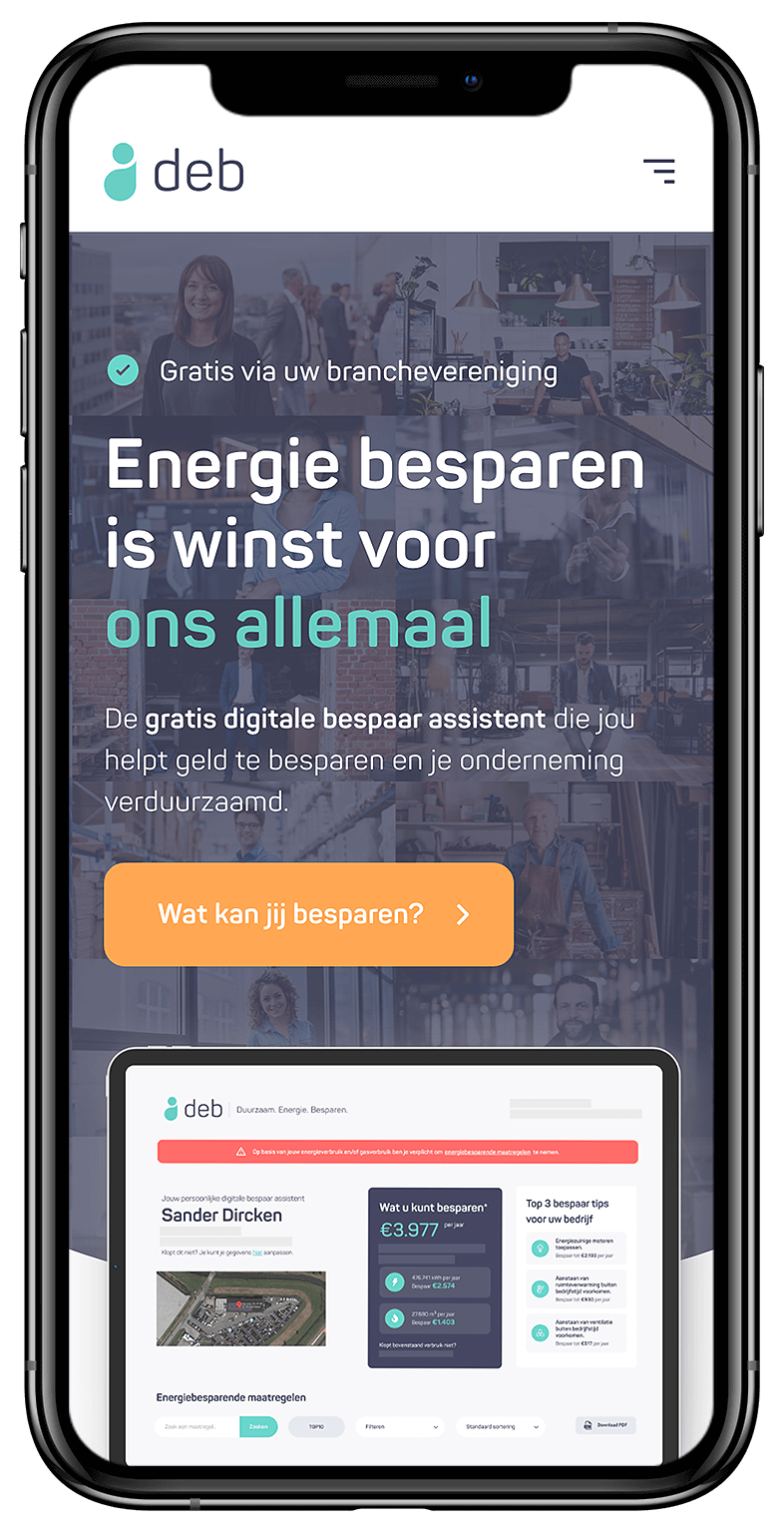 Nederlandse energiebesparende app op smartphone met CTA en interface preview. Probeer het eens!.
