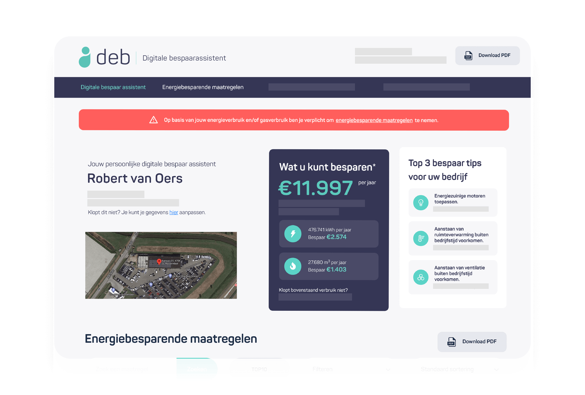 Schermafbeelding van het dashboard: gegevens over energiebesparing + satellietkaartweergave.