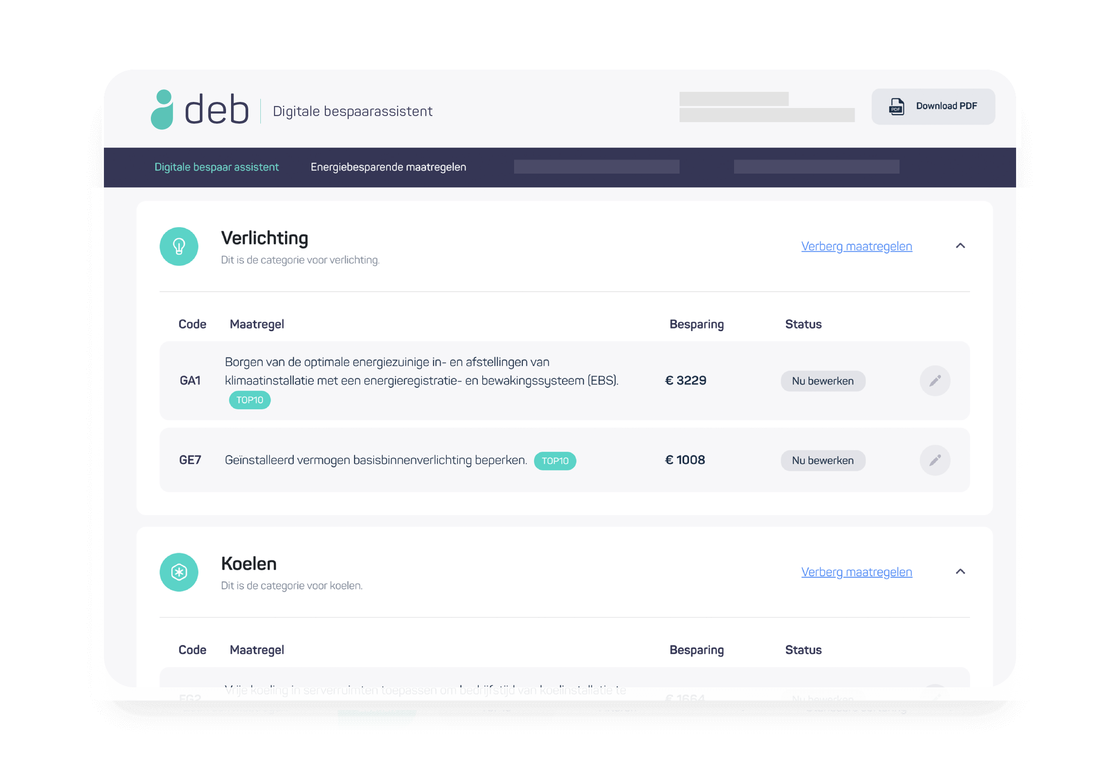 Schermafbeelding van webpagina: Tips voor energiebesparing met beschrijvingen, codes en geschatte besparingen.
