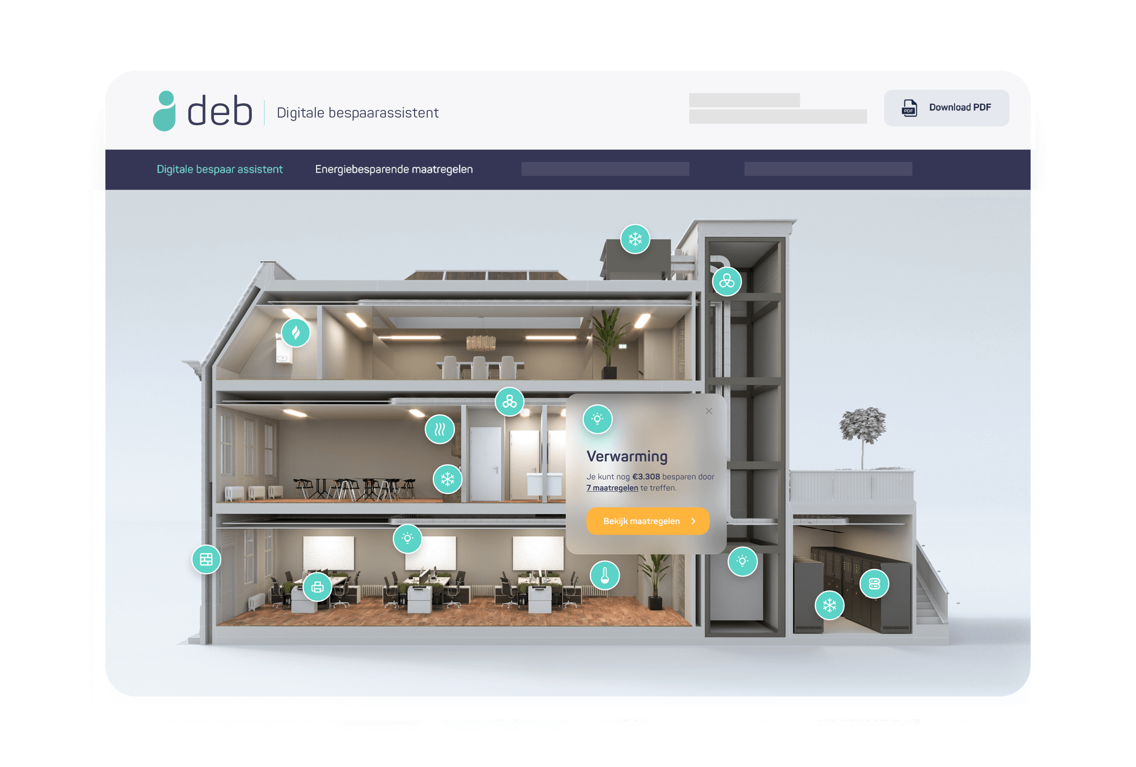 3D-gebouwaanzicht met energiebesparende tips voor elke verdieping en elk apparaat.