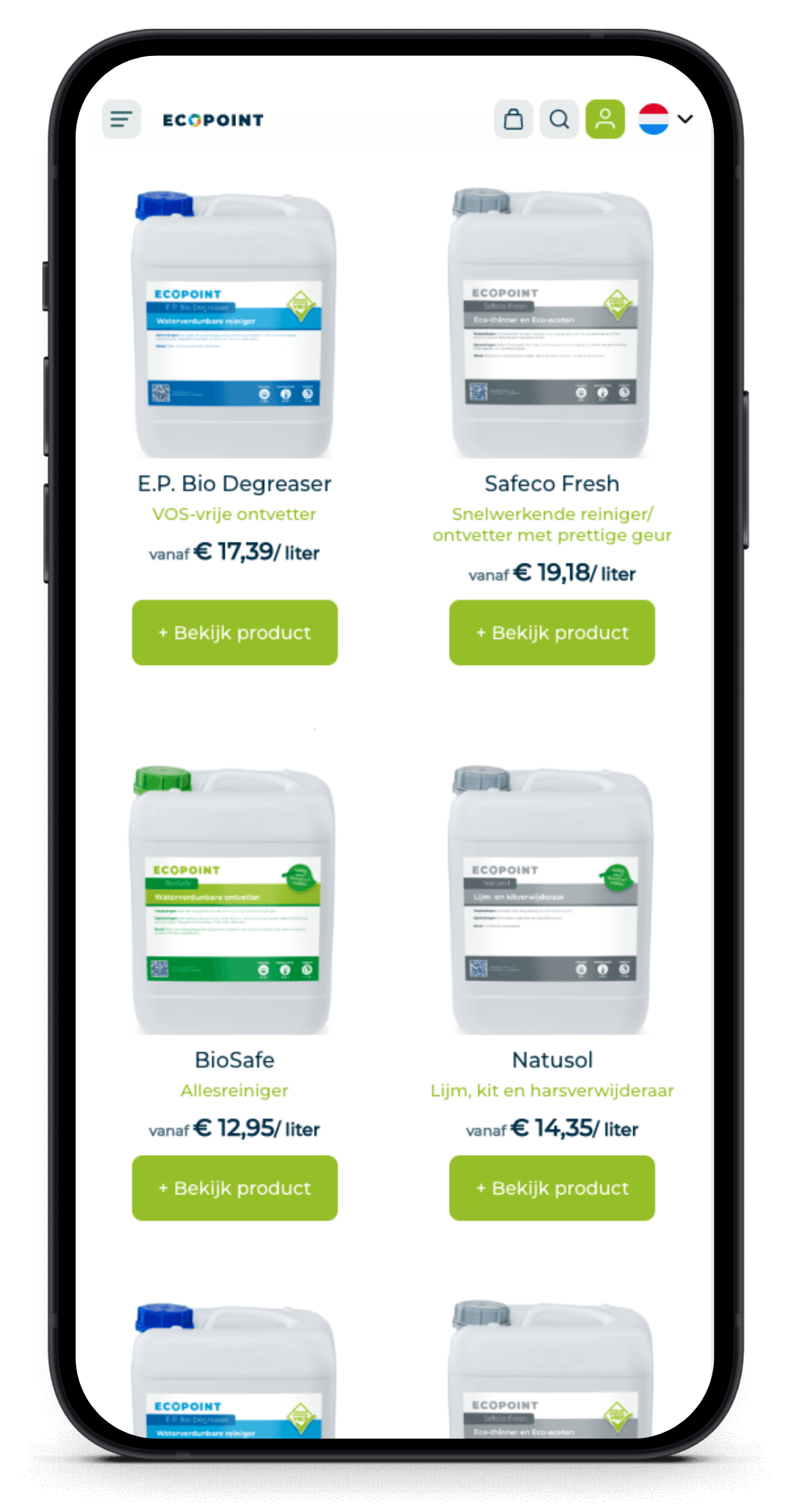 Smartphone toont Nederlandse website met schoonmaakproducten en prijzen.