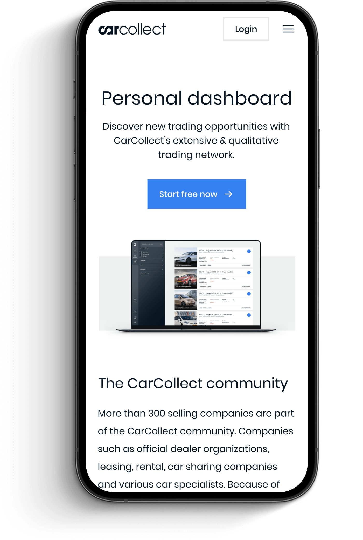 Op de smartphone wordt het CarCollect-dashboard weergegeven, met een aanmeldknop en hoogtepunten van de community.