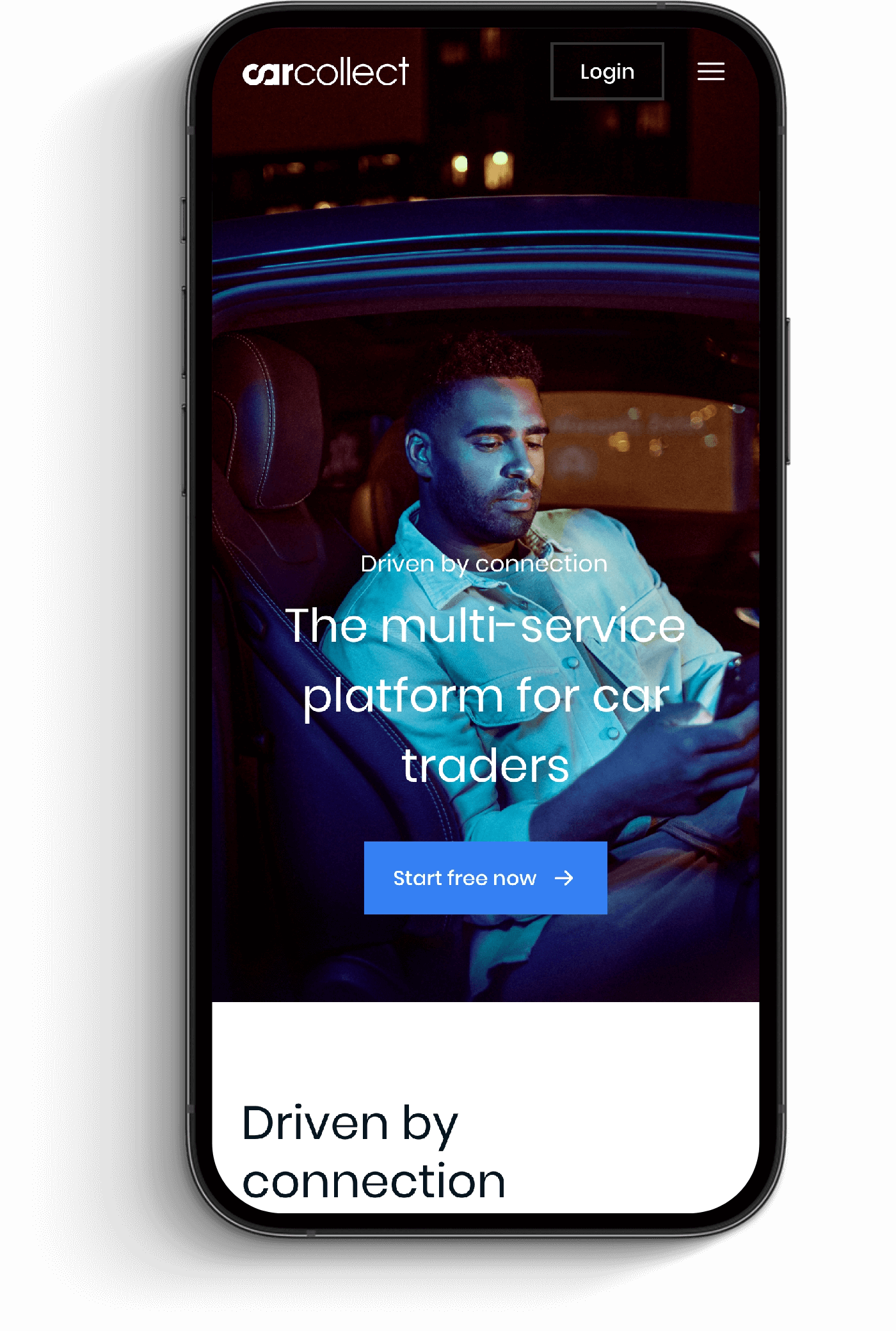 Op de telefoon wordt de CarCollect-app weergegeven: een man in een auto en een knop 'Start nu gratis'.